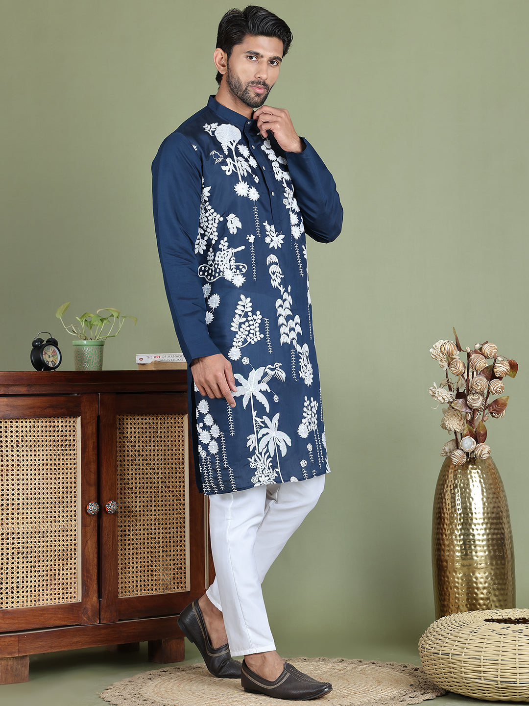 Embroidered Straight Kurta Pyjama Set ( JOKP 5150Peacock )