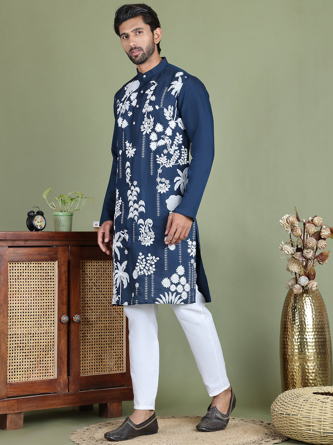 Embroidered Straight Kurta Pyjama Set ( JOKP 5150Peacock )