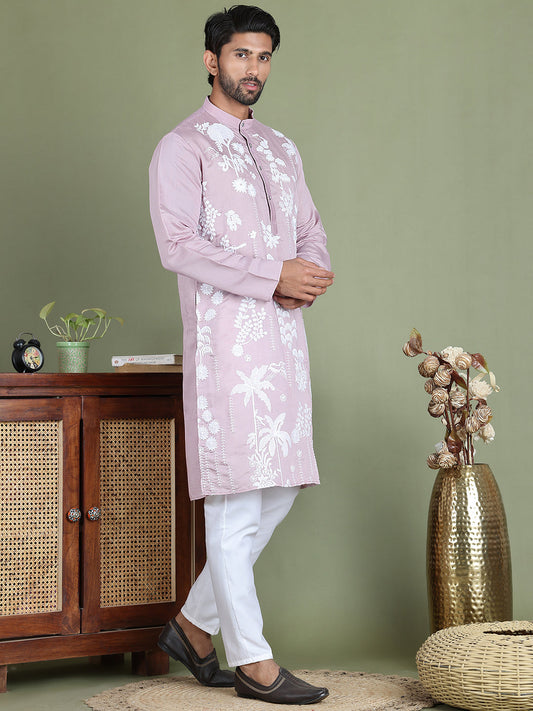 Embroidered Straight Kurta Pyjama Set ( JOKP 5150Purple )