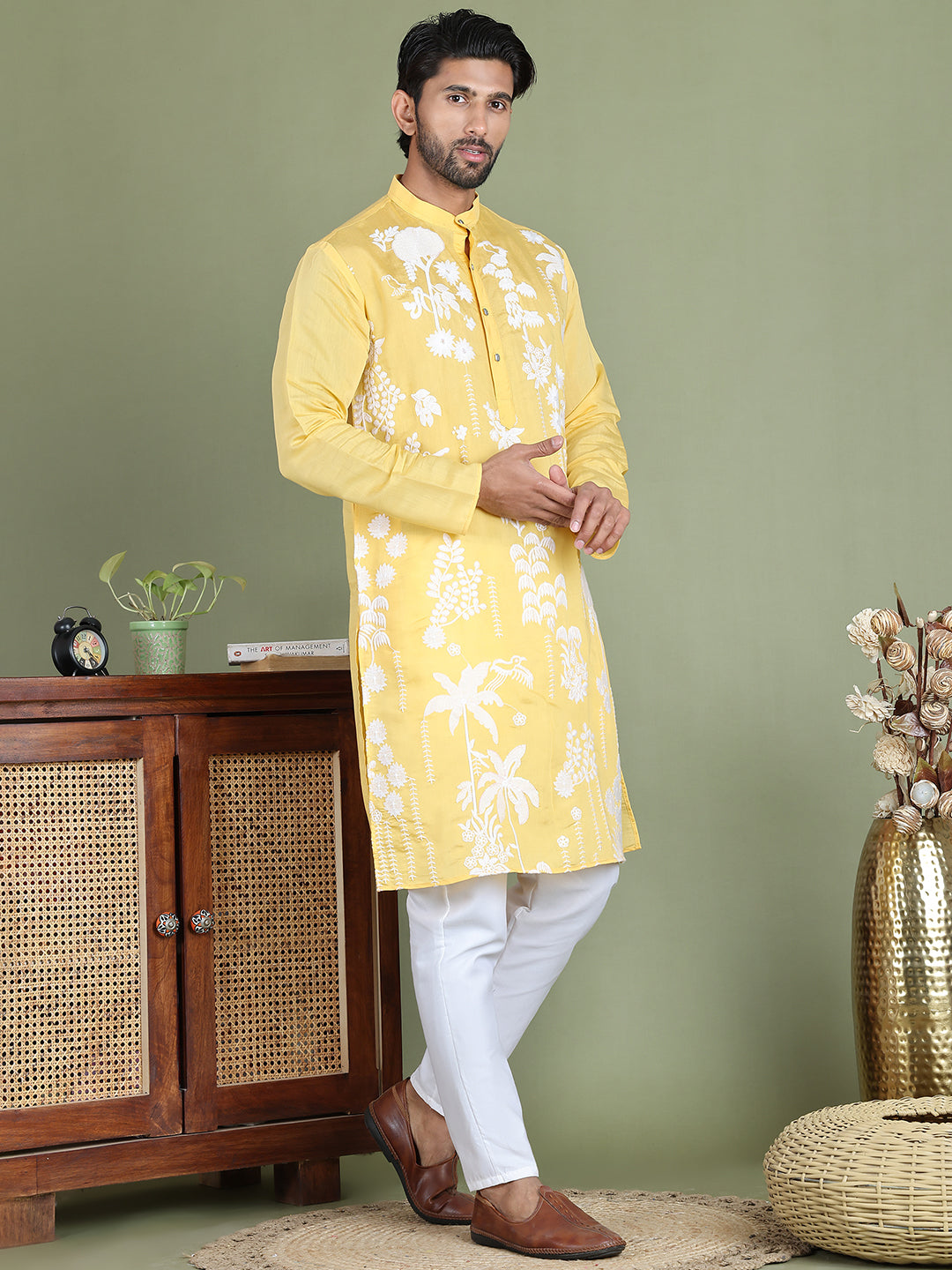 Embroidered Straight Kurta Pyjama Set ( JOKP 5150Yellow )