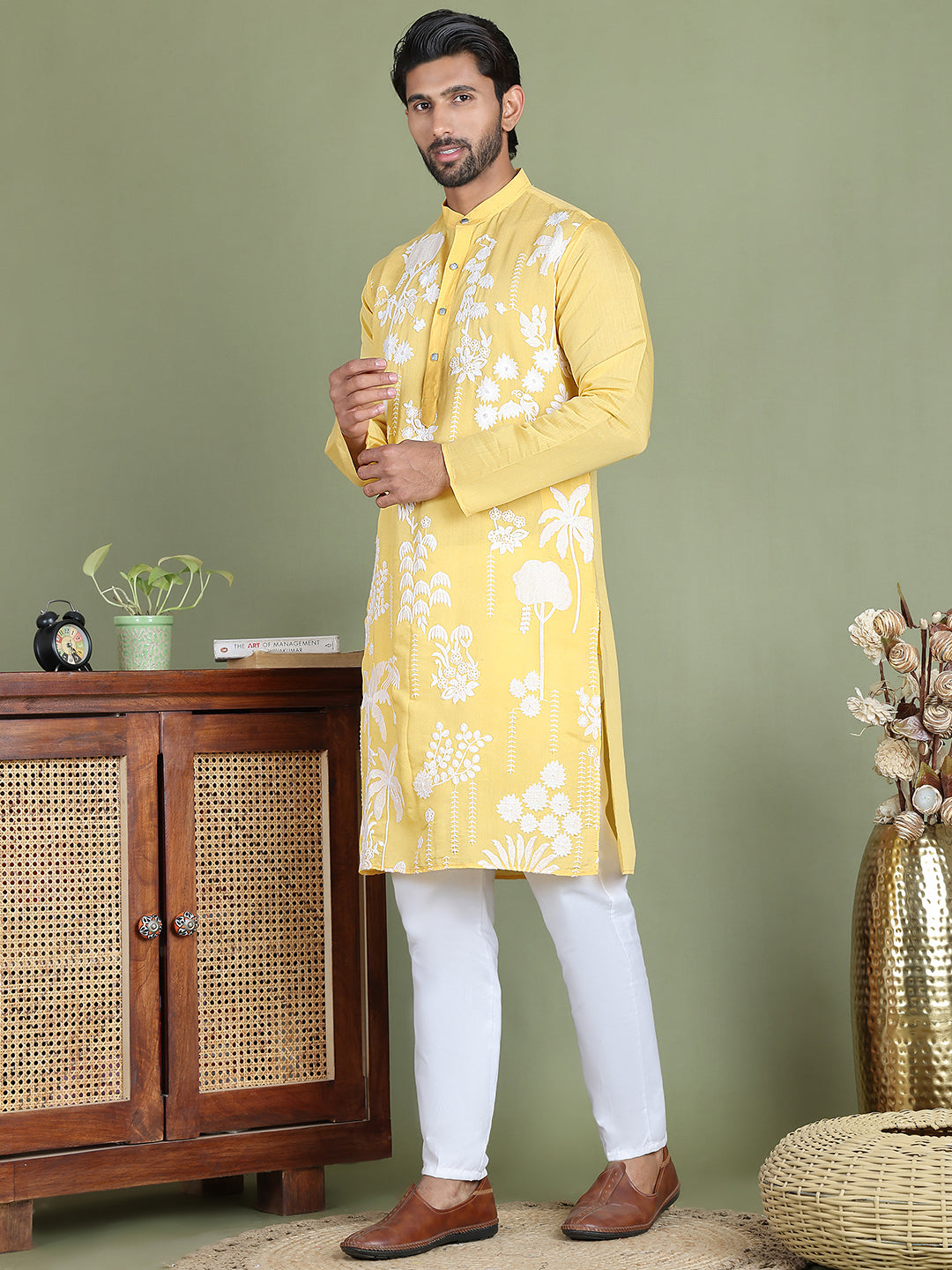 Embroidered Straight Kurta Pyjama Set ( JOKP 5150Yellow )