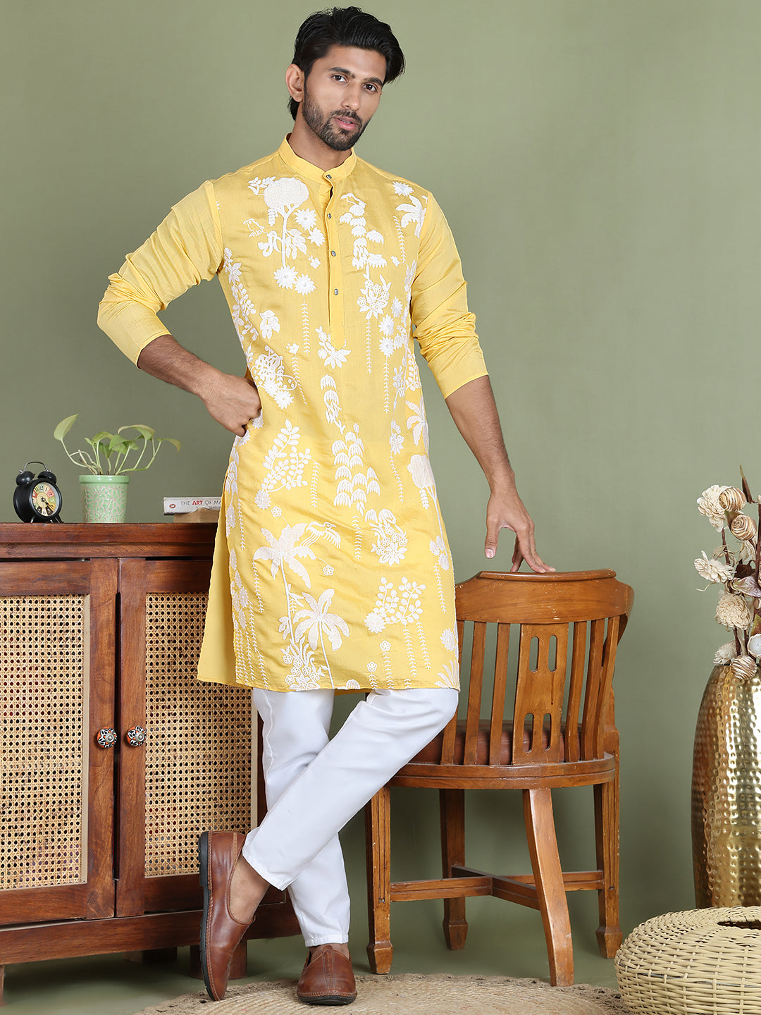 Embroidered Straight Kurta Pyjama Set ( JOKP 5150Yellow )