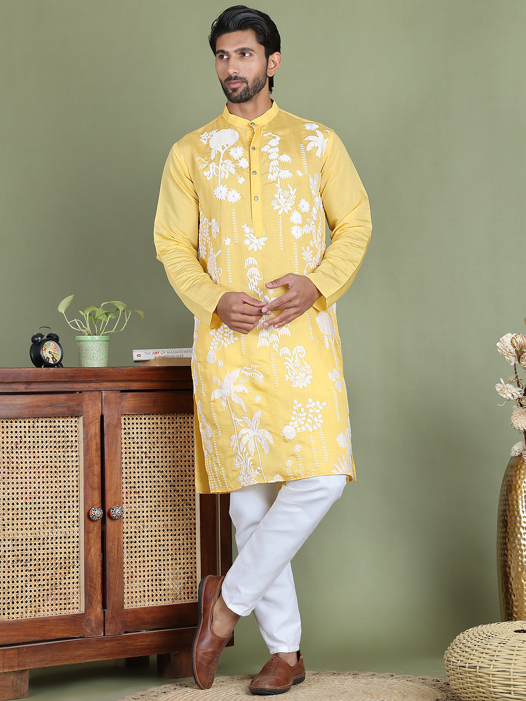 Embroidered Straight Kurta Pyjama Set ( JOKP 5150Yellow )