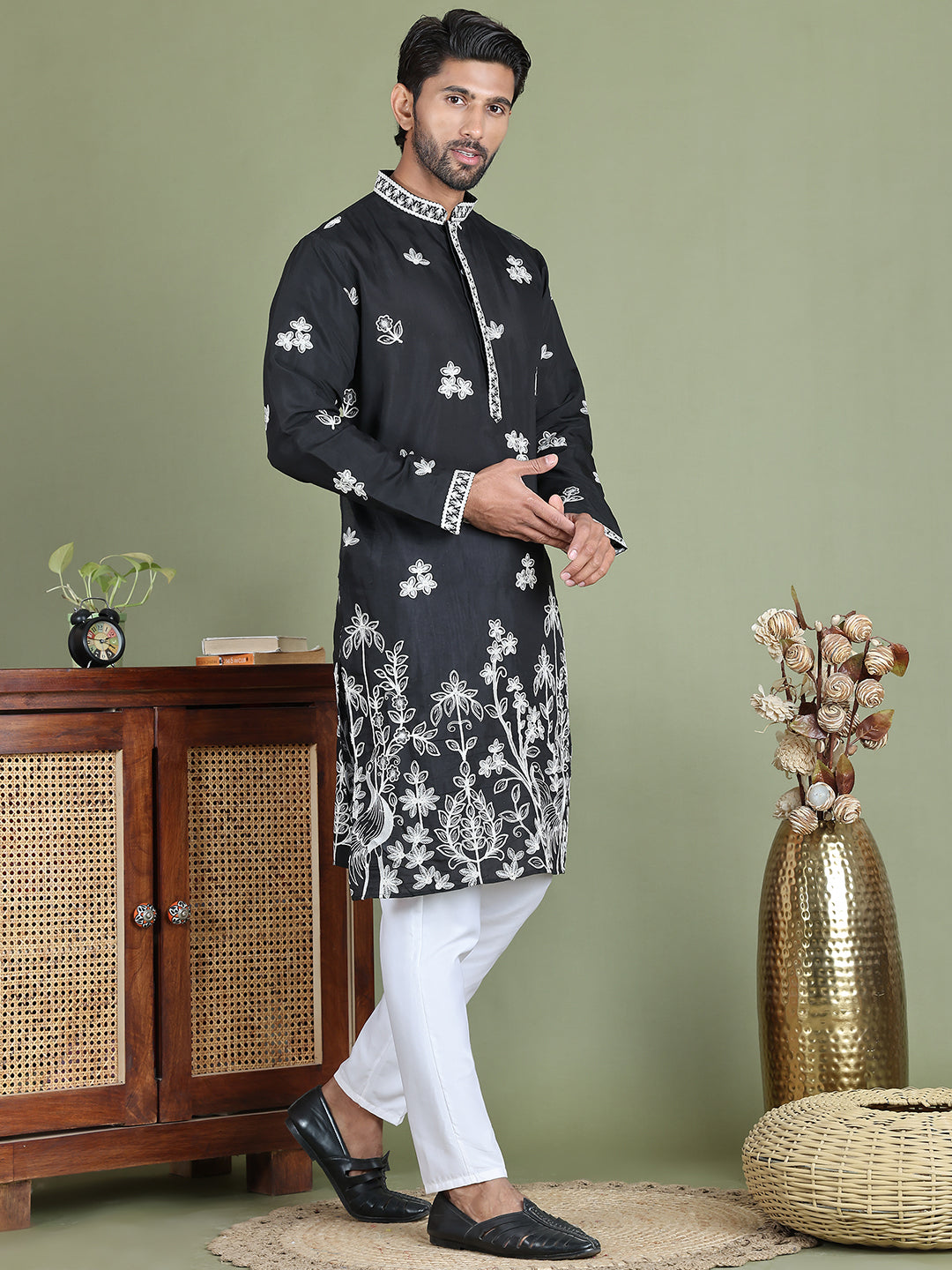 Floral Embroidered and Sequins Kurta Set ( JOKP 5151Black )