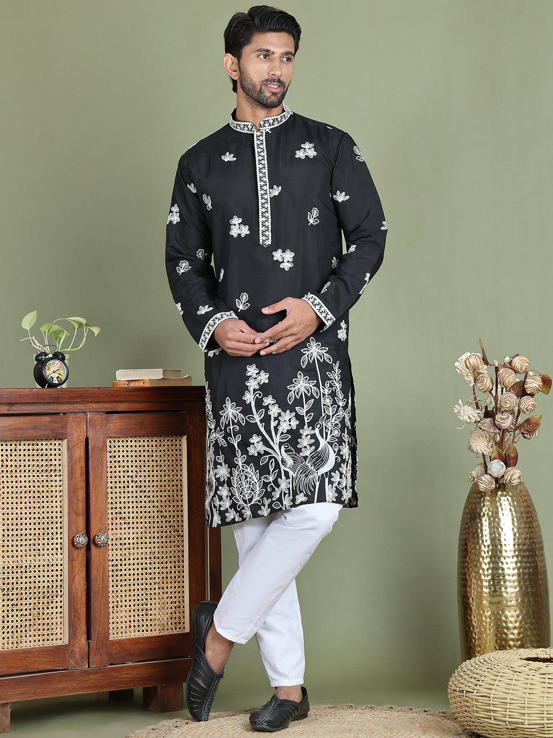 Floral Embroidered and Sequins Kurta Set ( JOKP 5151Black )
