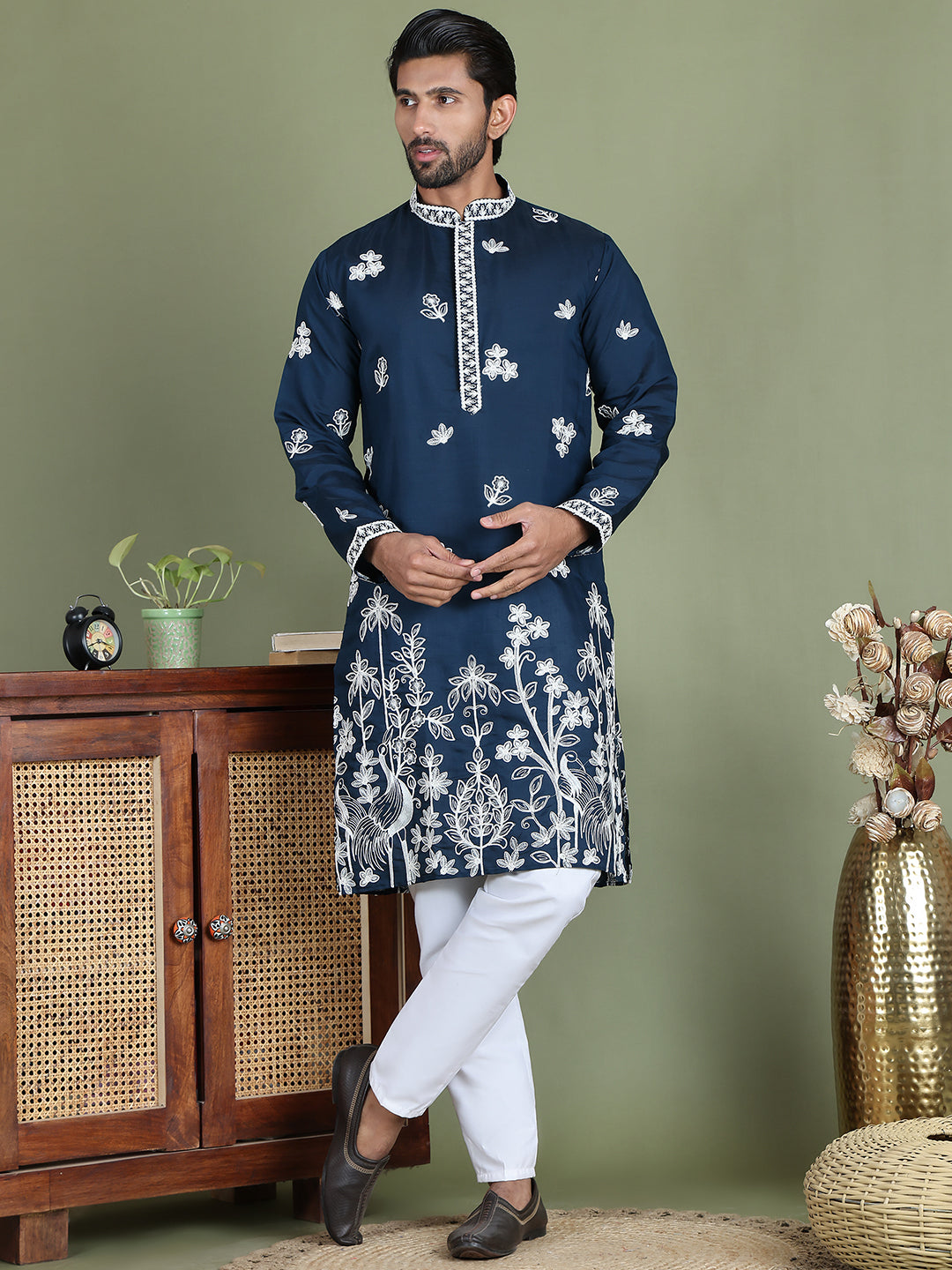 Floral Embroidered and Sequins Kurta Set ( JOKP 5151Peacock )