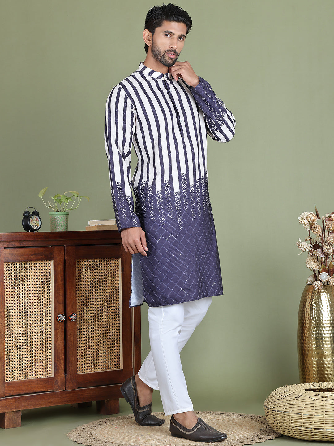 Striped Kurta Pyjama Set For Men ( JOKP 5152Charcoal )