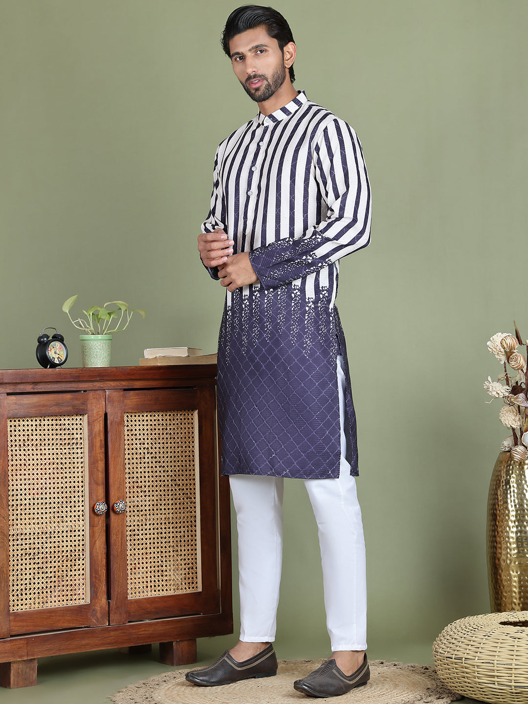 Striped Kurta Pyjama Set For Men ( JOKP 5152Charcoal )