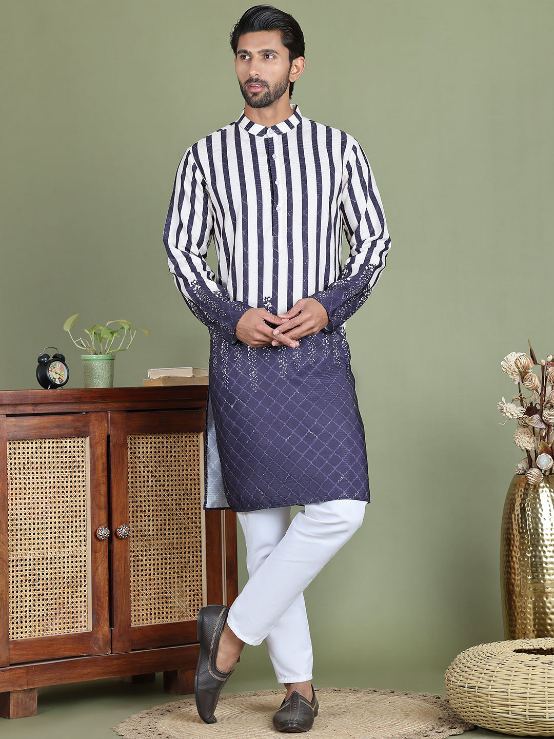 Striped Kurta Pyjama Set For Men ( JOKP 5152Charcoal )