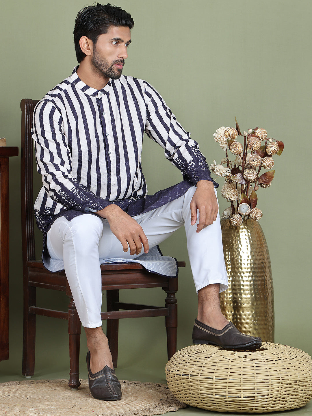 Striped Kurta Pyjama Set For Men ( JOKP 5152Charcoal )