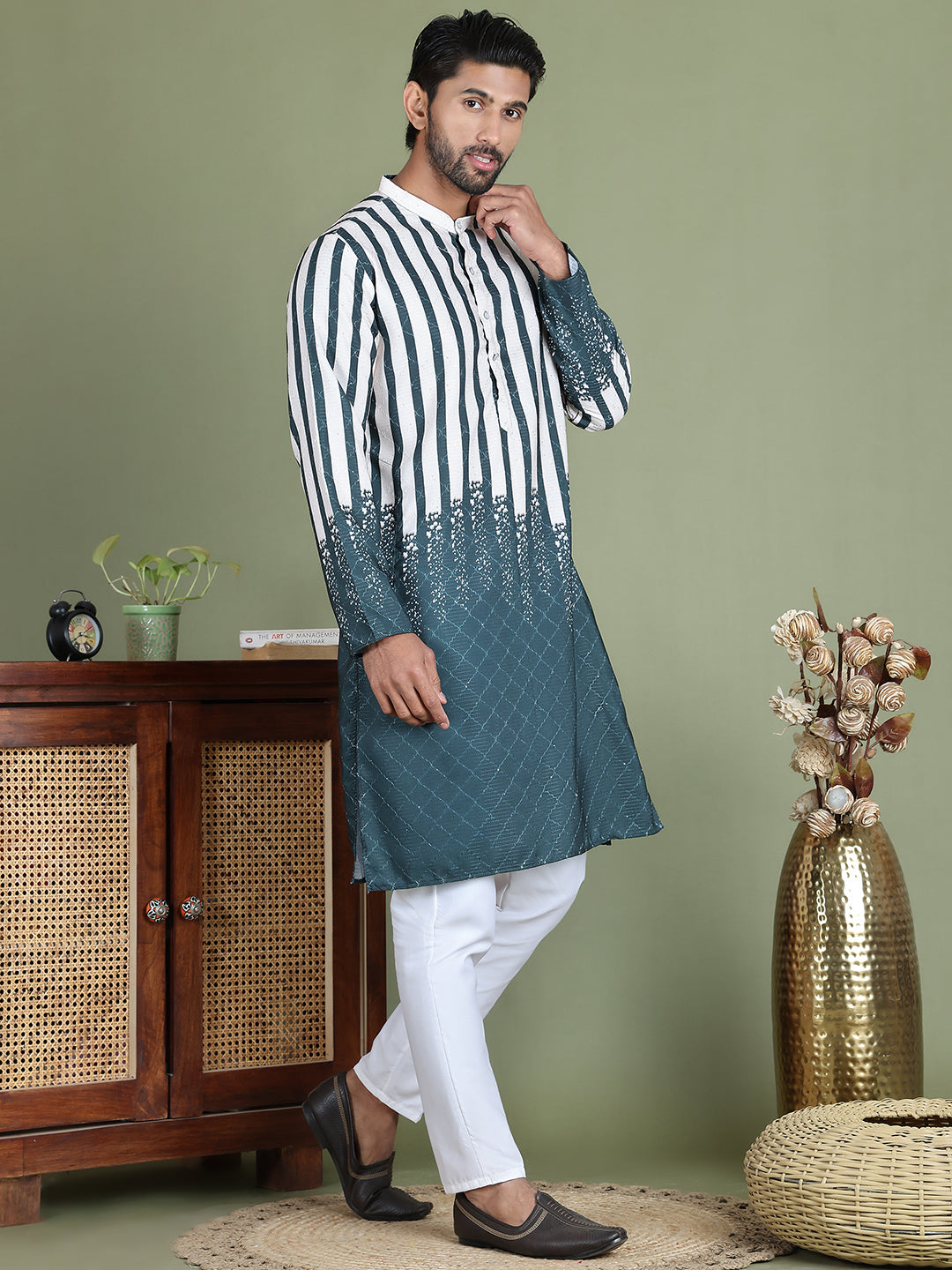 Striped Kurta Pyjama Set For Men ( JOKP 5152Teal )