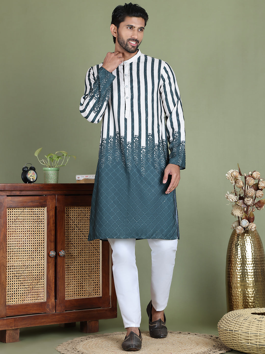 Striped Kurta Pyjama Set For Men ( JOKP 5152Teal )