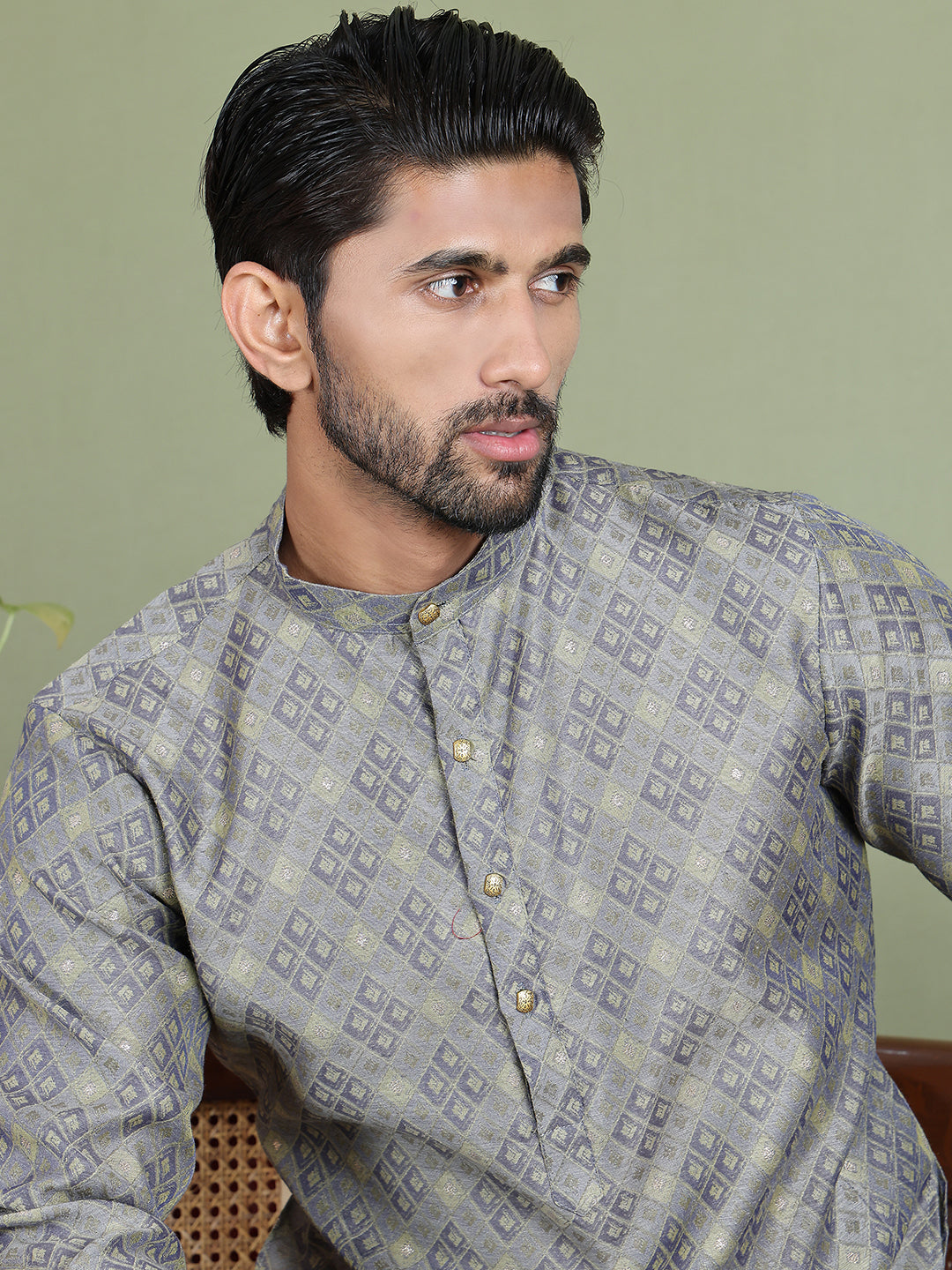 Grey Woven Design Straight Kurta Pyjama Set ( JOKP 5153Grey )