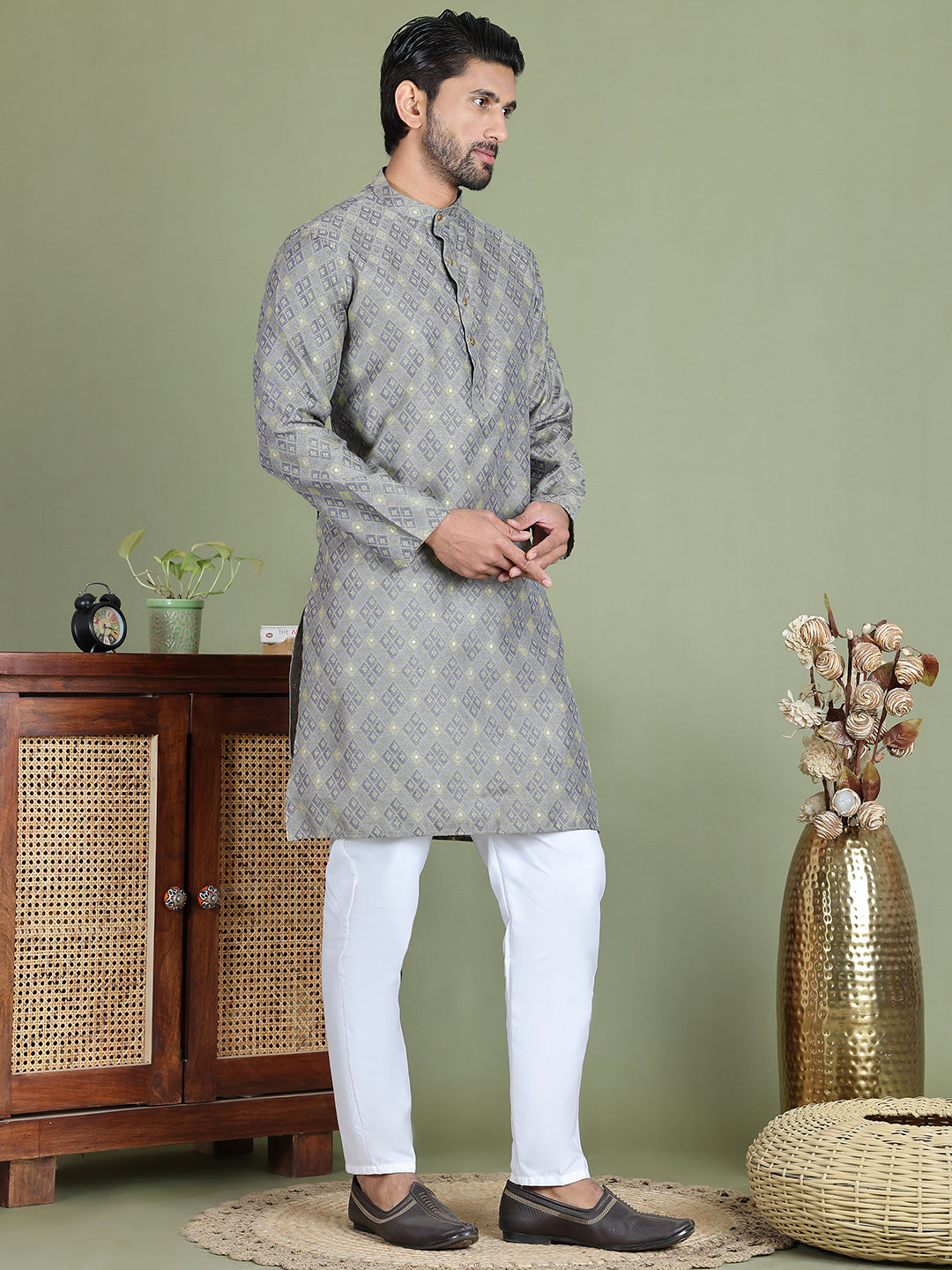 Grey Woven Design Straight Kurta Pyjama Set ( JOKP 5153Grey )