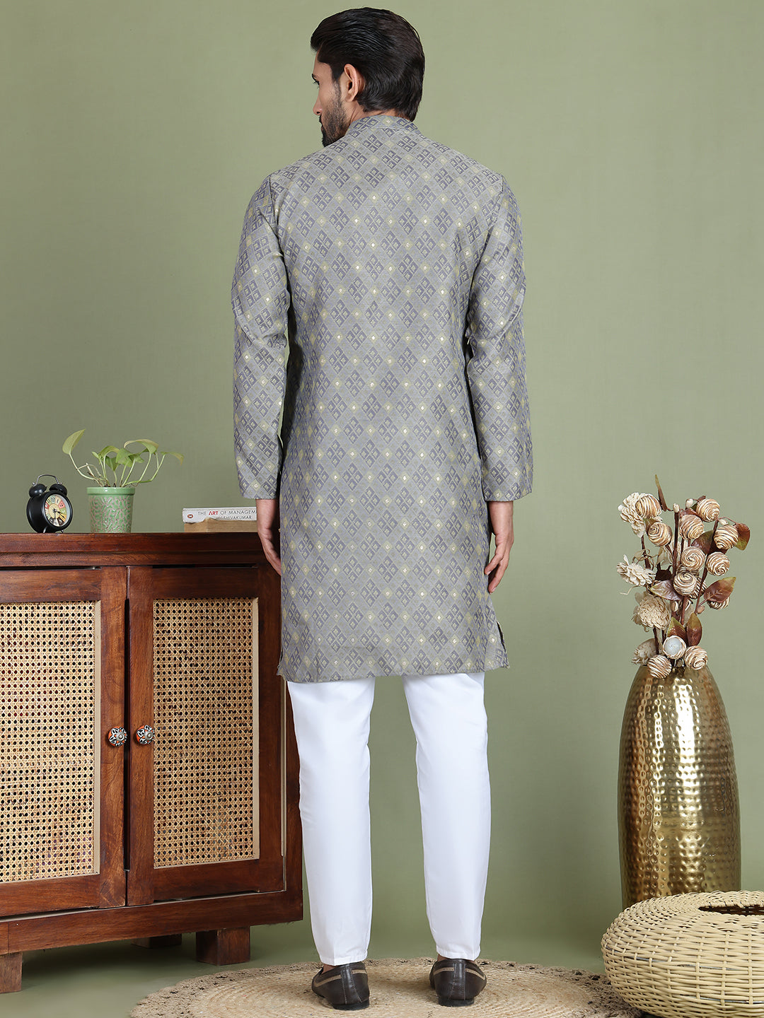Grey Woven Design Straight Kurta Pyjama Set ( JOKP 5153Grey )