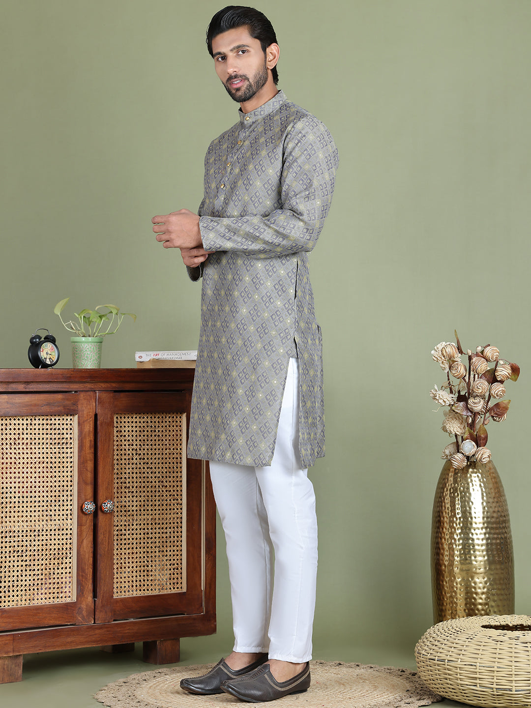 Grey Woven Design Straight Kurta Pyjama Set ( JOKP 5153Grey )