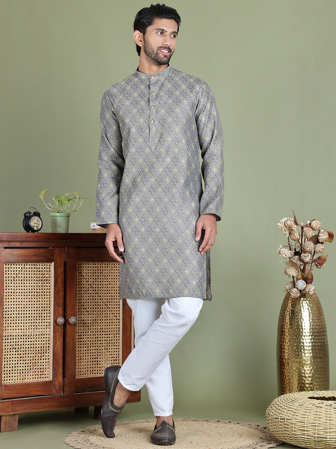 Grey Woven Design Straight Kurta Pyjama Set ( JOKP 5153Grey )