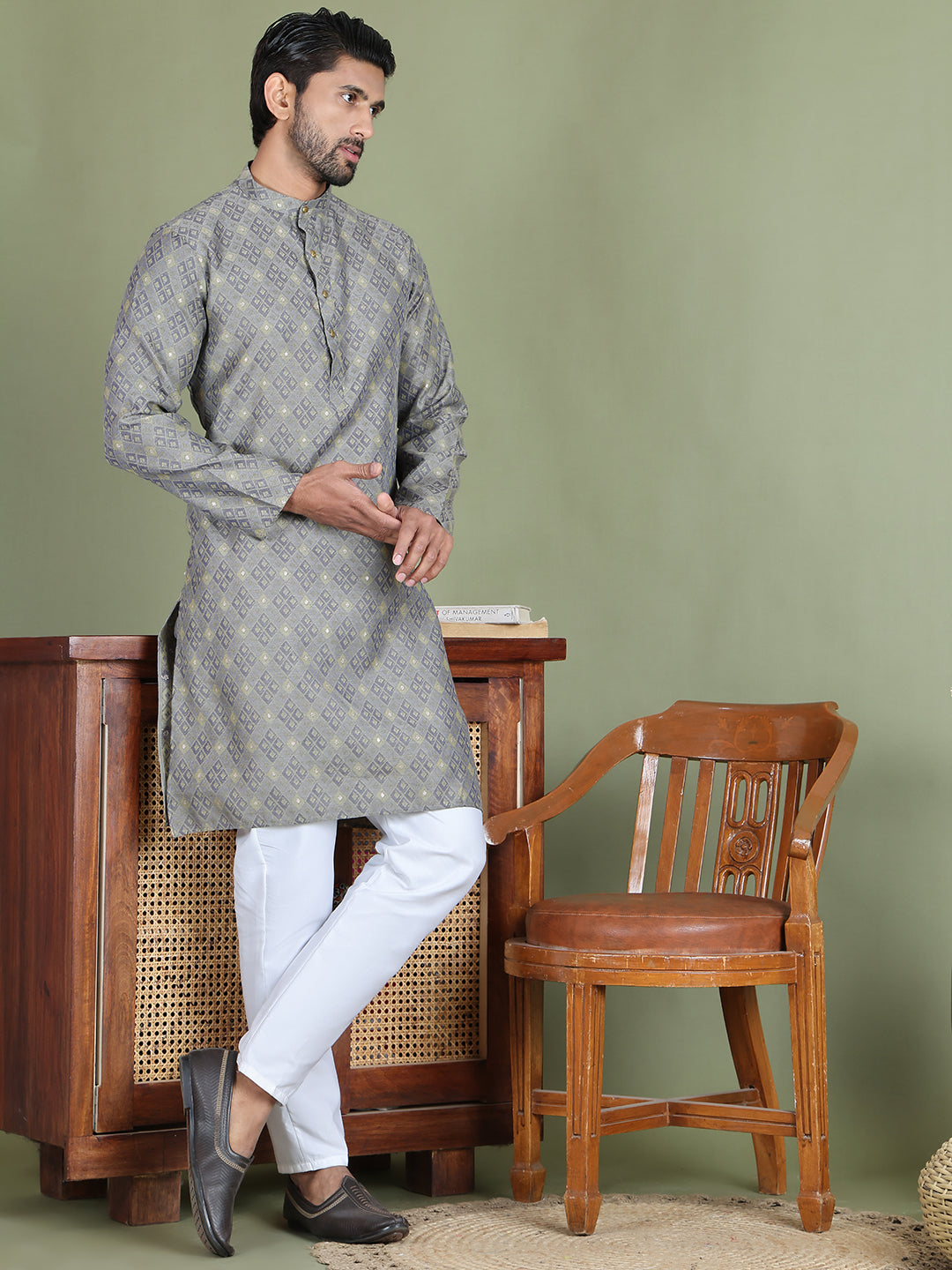 Grey Woven Design Straight Kurta Pyjama Set ( JOKP 5153Grey )
