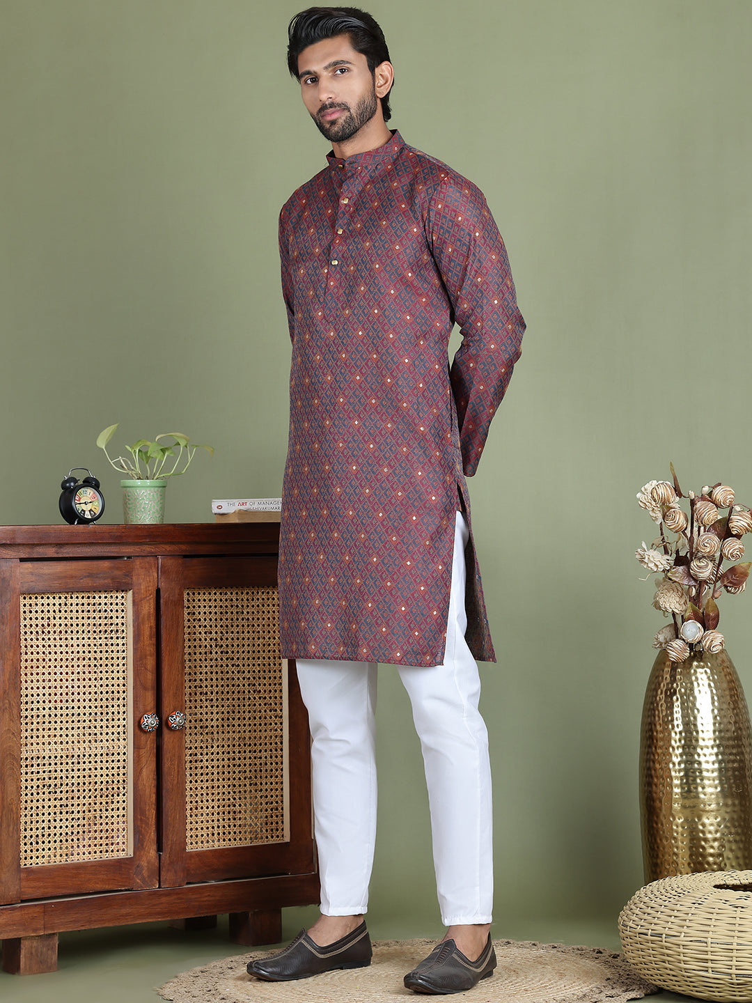 Maroon Woven Design Straight Kurta Pyjama Set ( JOKP 5153Maroon )