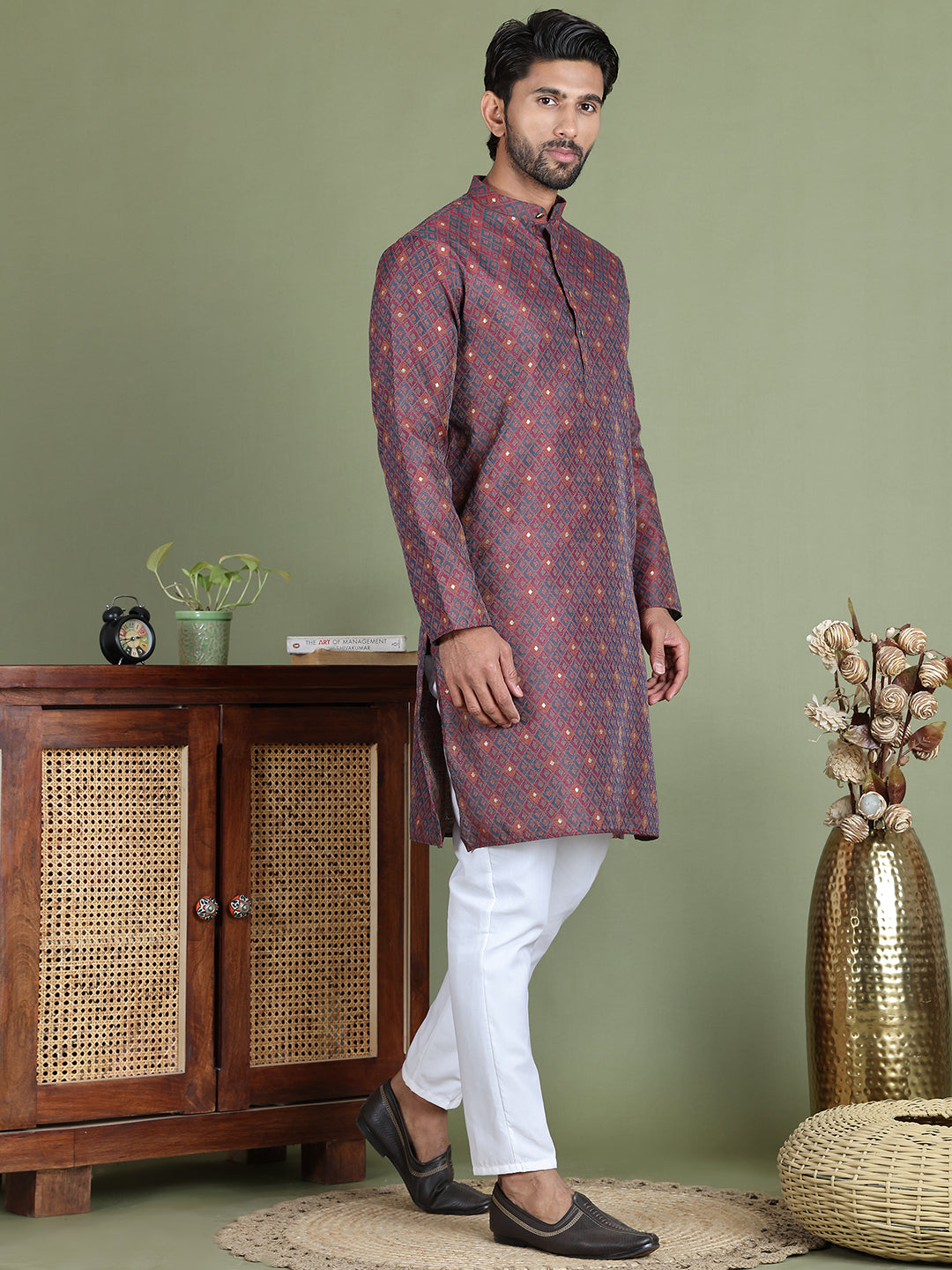Maroon Woven Design Straight Kurta Pyjama Set ( JOKP 5153Maroon )