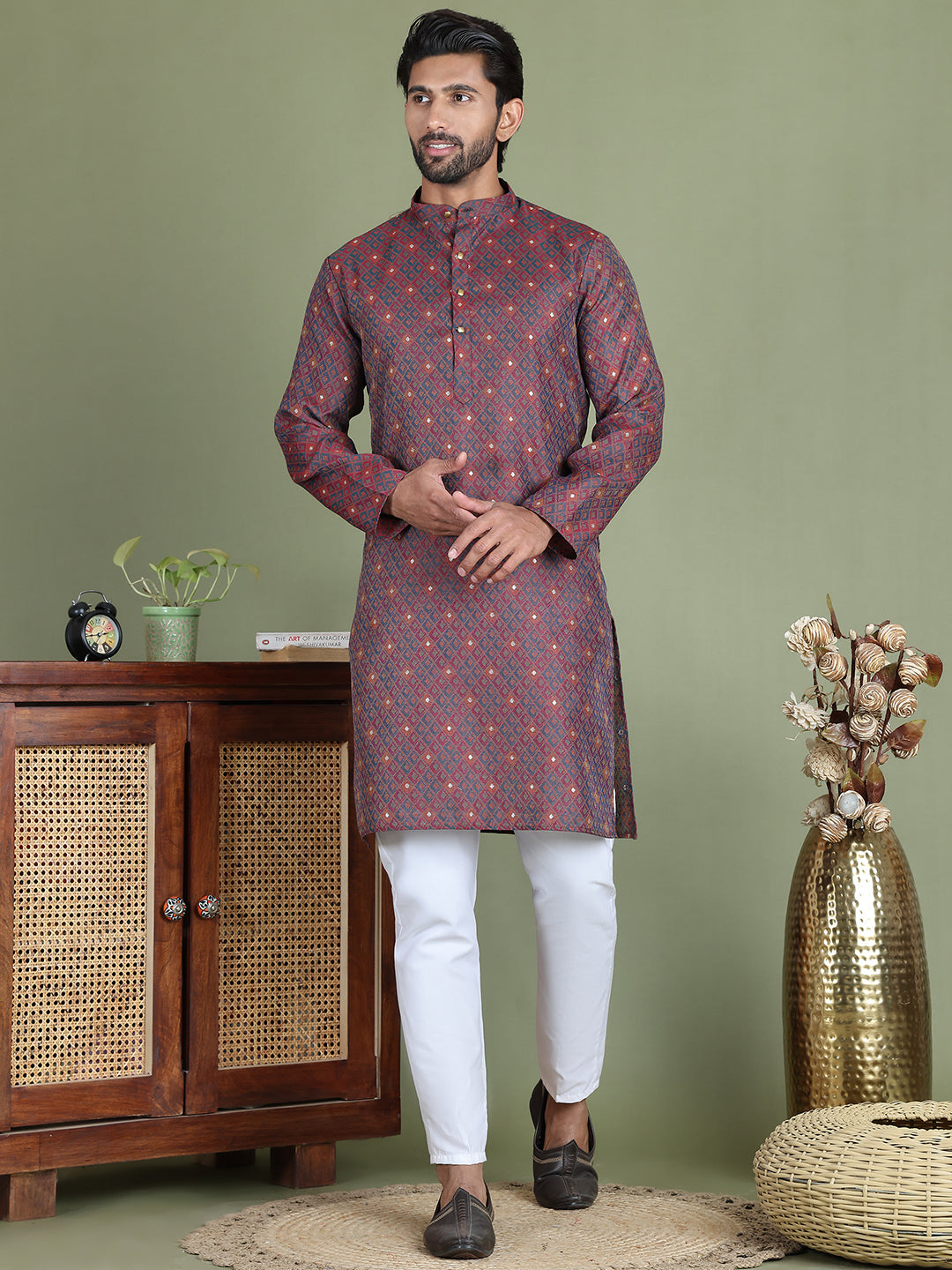 Maroon Woven Design Straight Kurta Pyjama Set ( JOKP 5153Maroon )