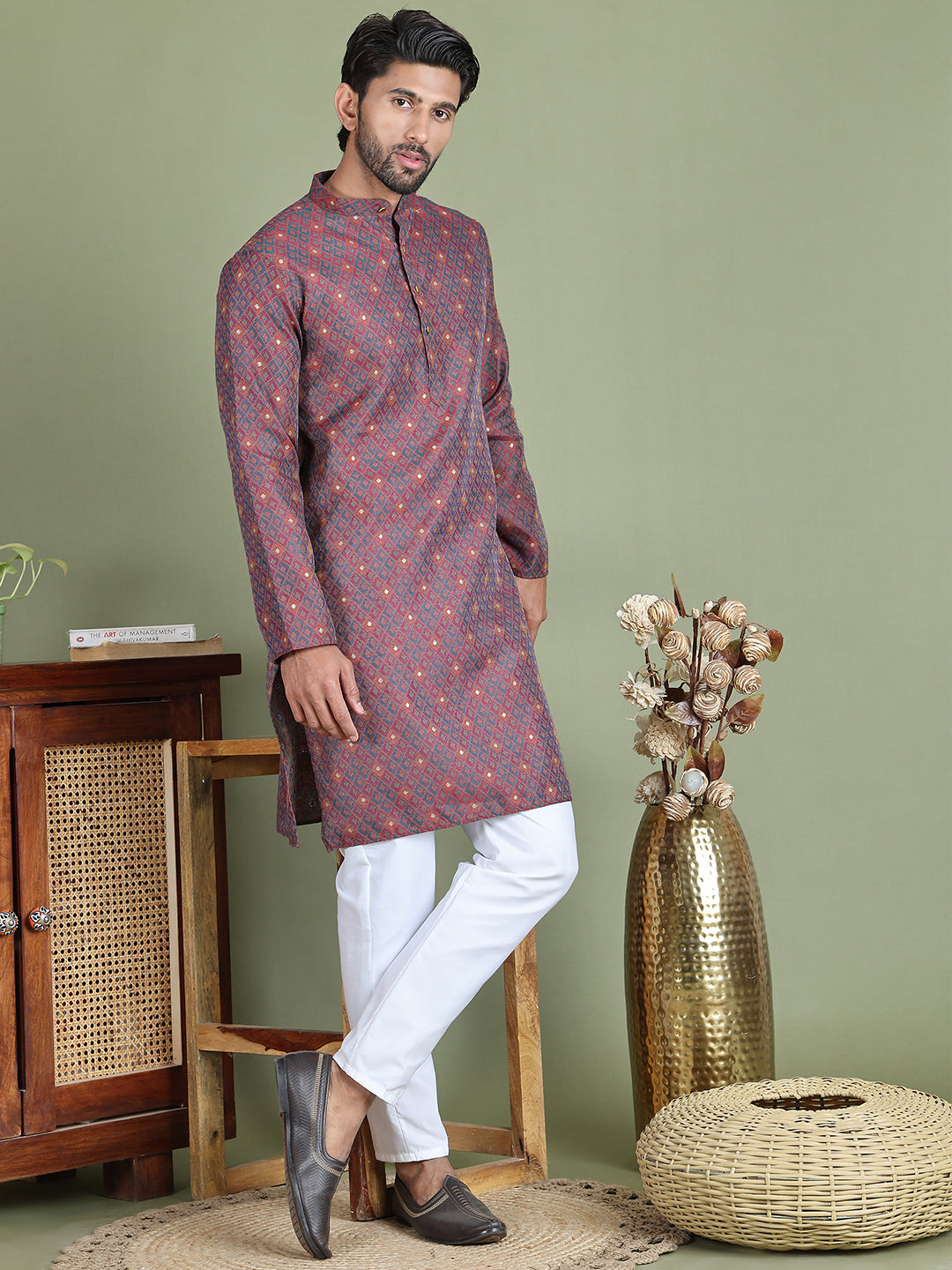 Maroon Woven Design Straight Kurta Pyjama Set ( JOKP 5153Maroon )