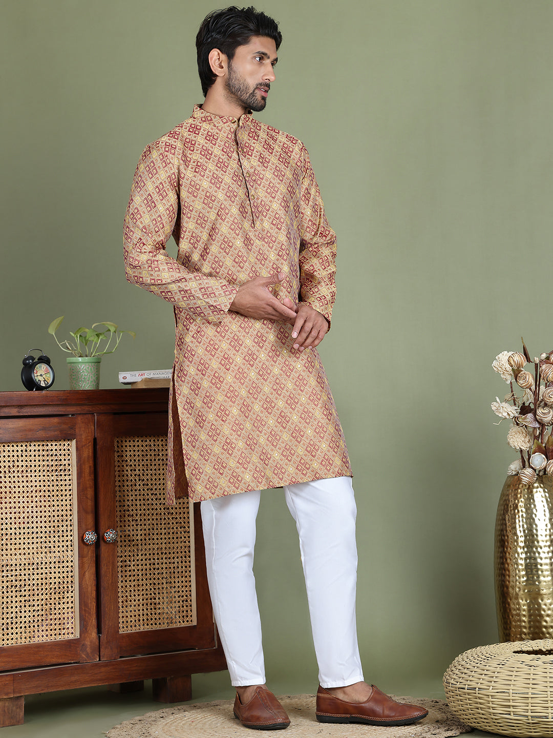Yellow Woven Design Straight Kurta Pyjama Set ( JOKP 5153Yellow )