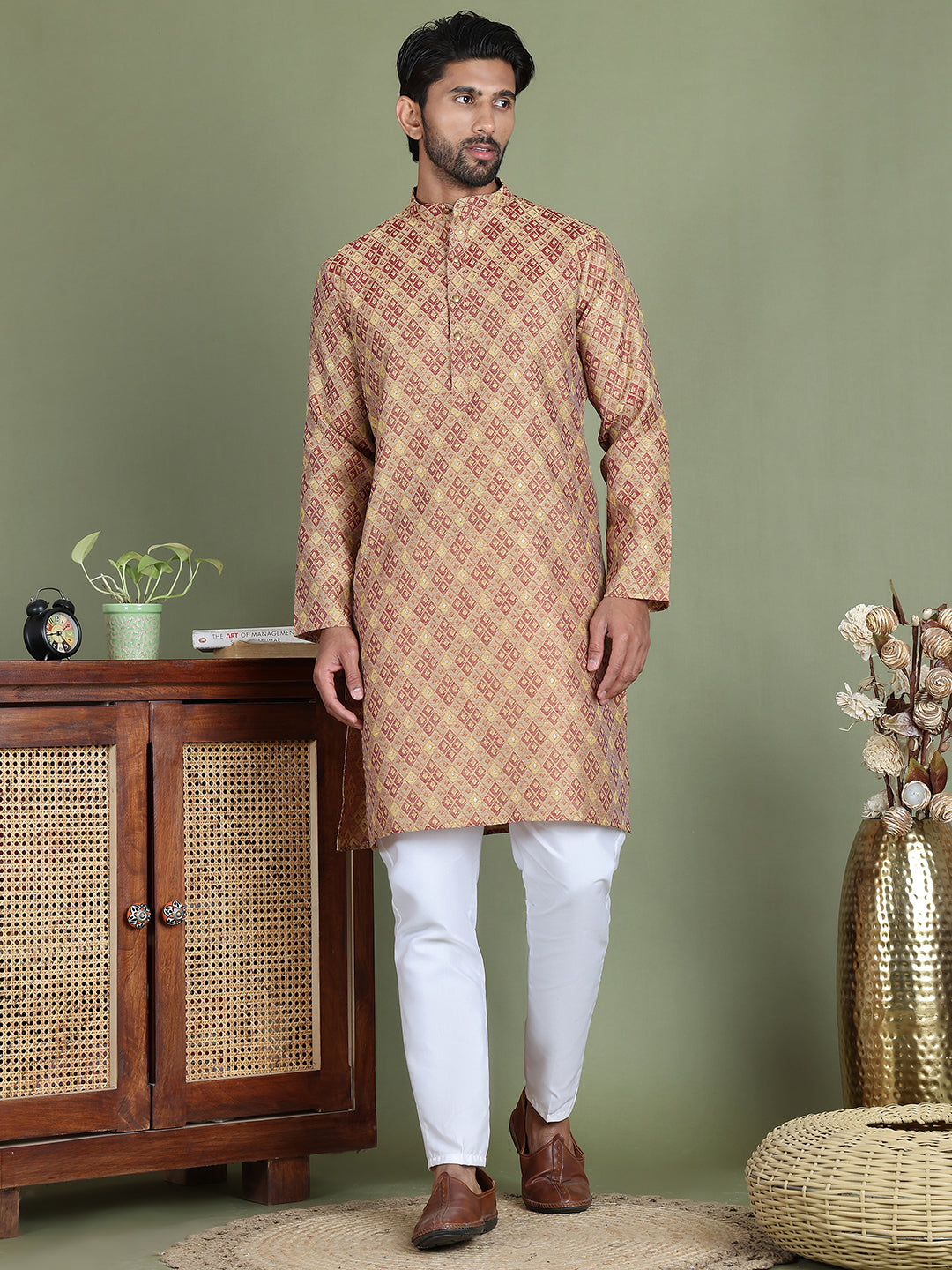 Yellow Woven Design Straight Kurta Pyjama Set ( JOKP 5153Yellow )