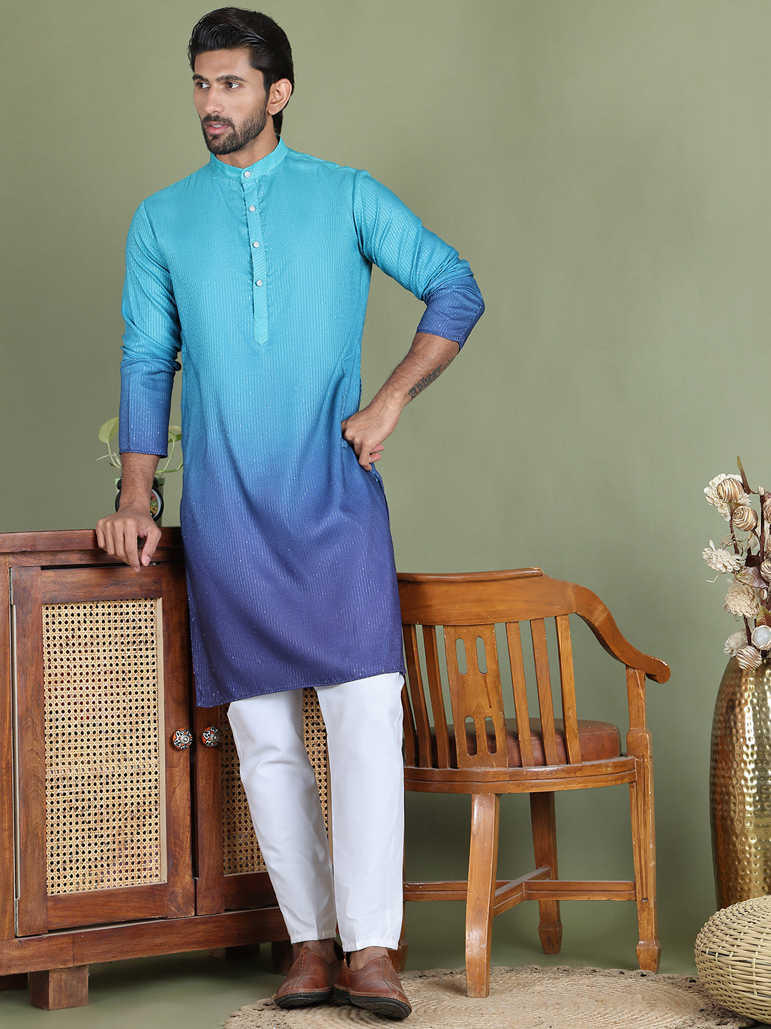 Sequins and Ombre Design Kurta Pyjama Set For Men ( JOKP 5154Blue )