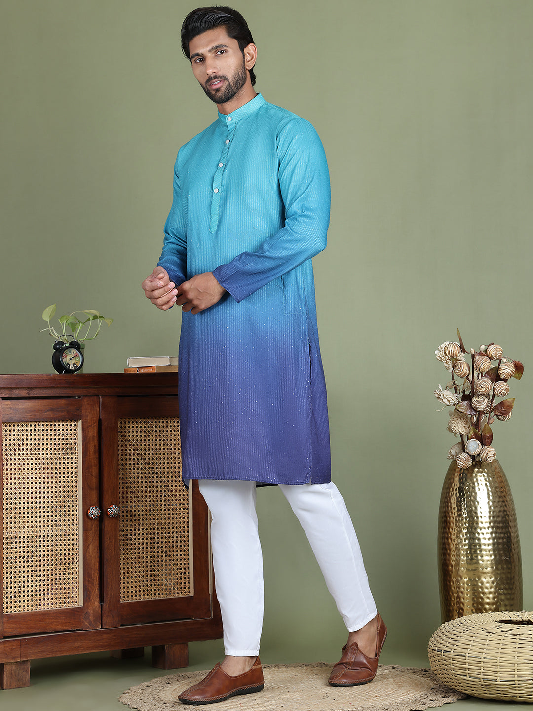 Sequins and Ombre Design Kurta Pyjama Set For Men ( JOKP 5154Blue )