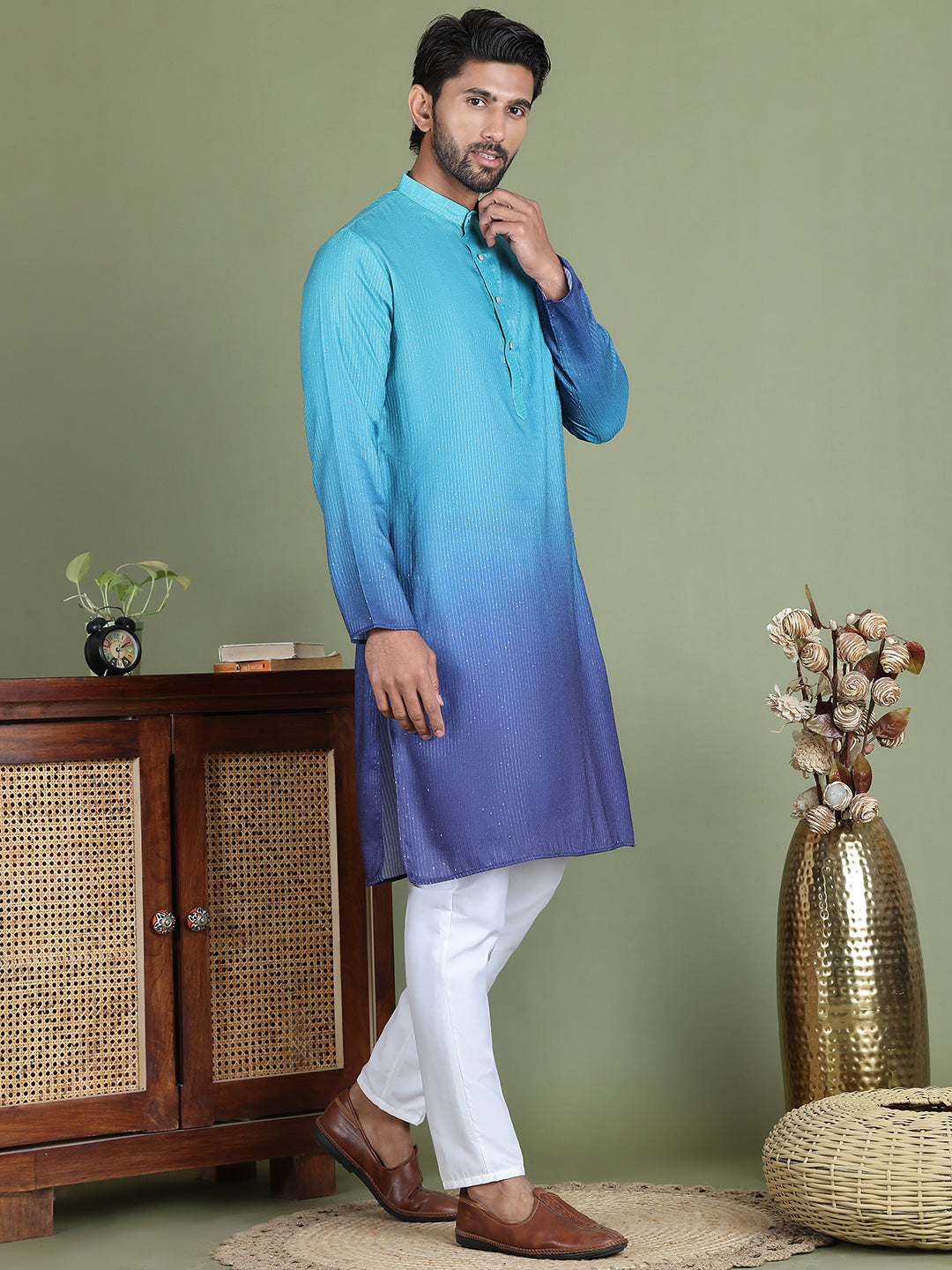 Sequins and Ombre Design Kurta Pyjama Set For Men ( JOKP 5154Blue )