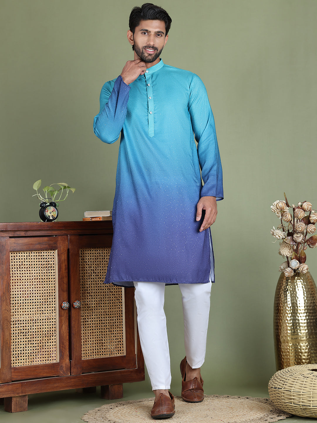 Sequins and Ombre Design Kurta Pyjama Set For Men ( JOKP 5154Blue )