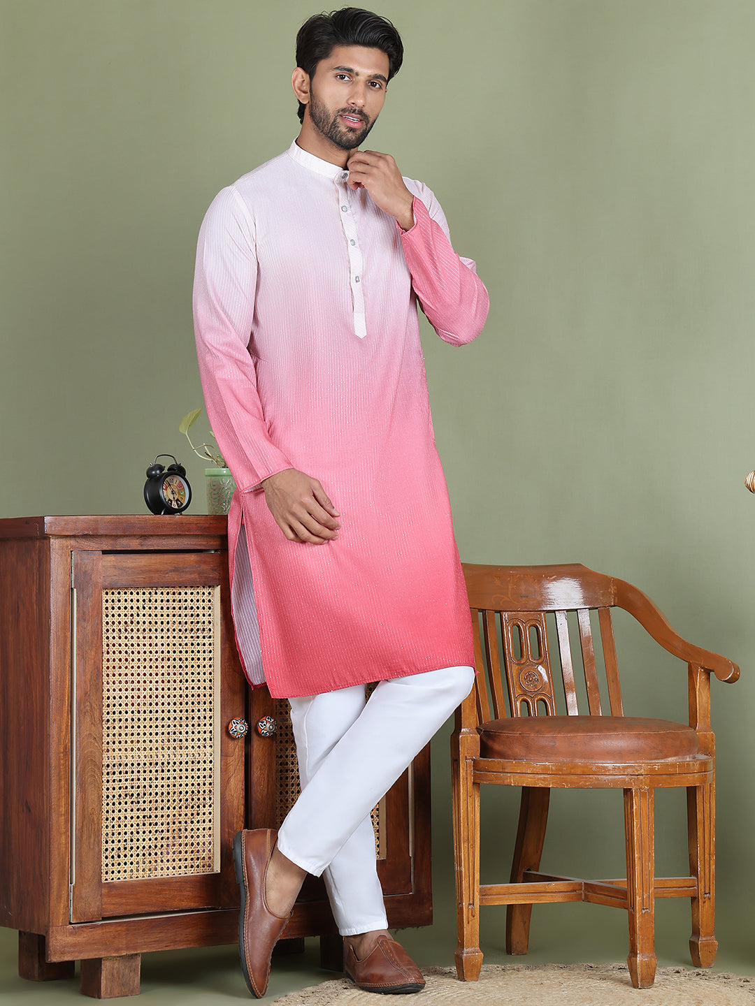 Sequins and Ombre Design Kurta Pyjama Set For Men ( JOKP 5154Coral )