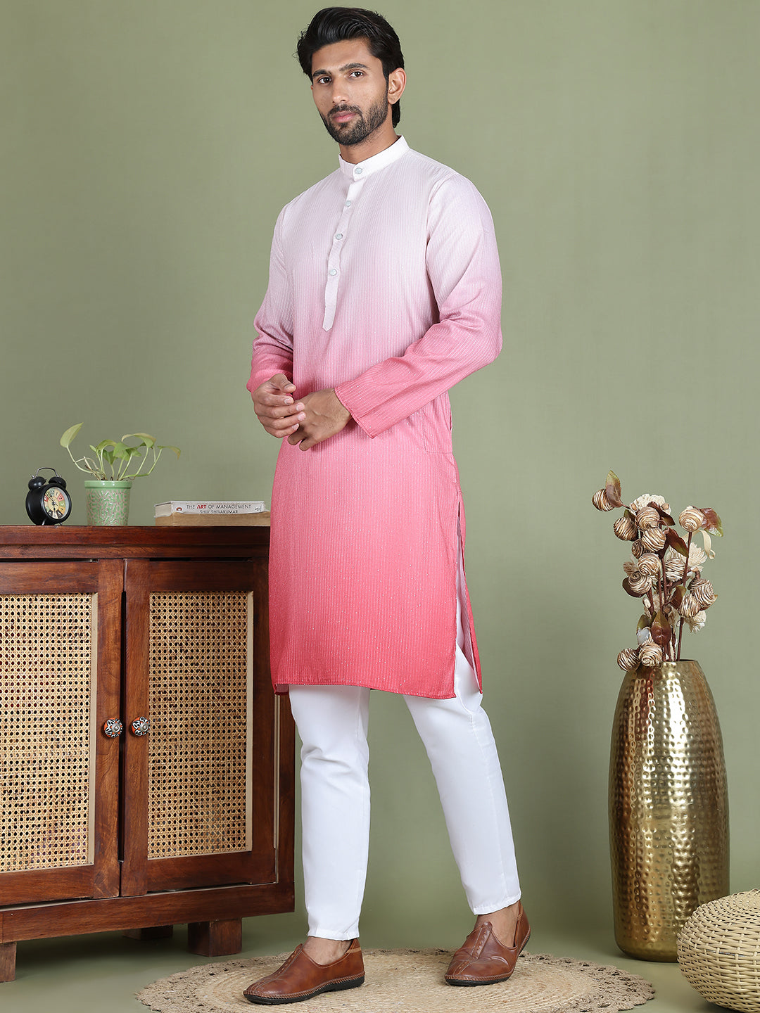 Sequins and Ombre Design Kurta Pyjama Set For Men ( JOKP 5154Coral )