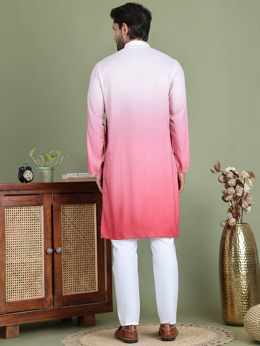 Sequins and Ombre Design Kurta Pyjama Set For Men ( JOKP 5154Coral )