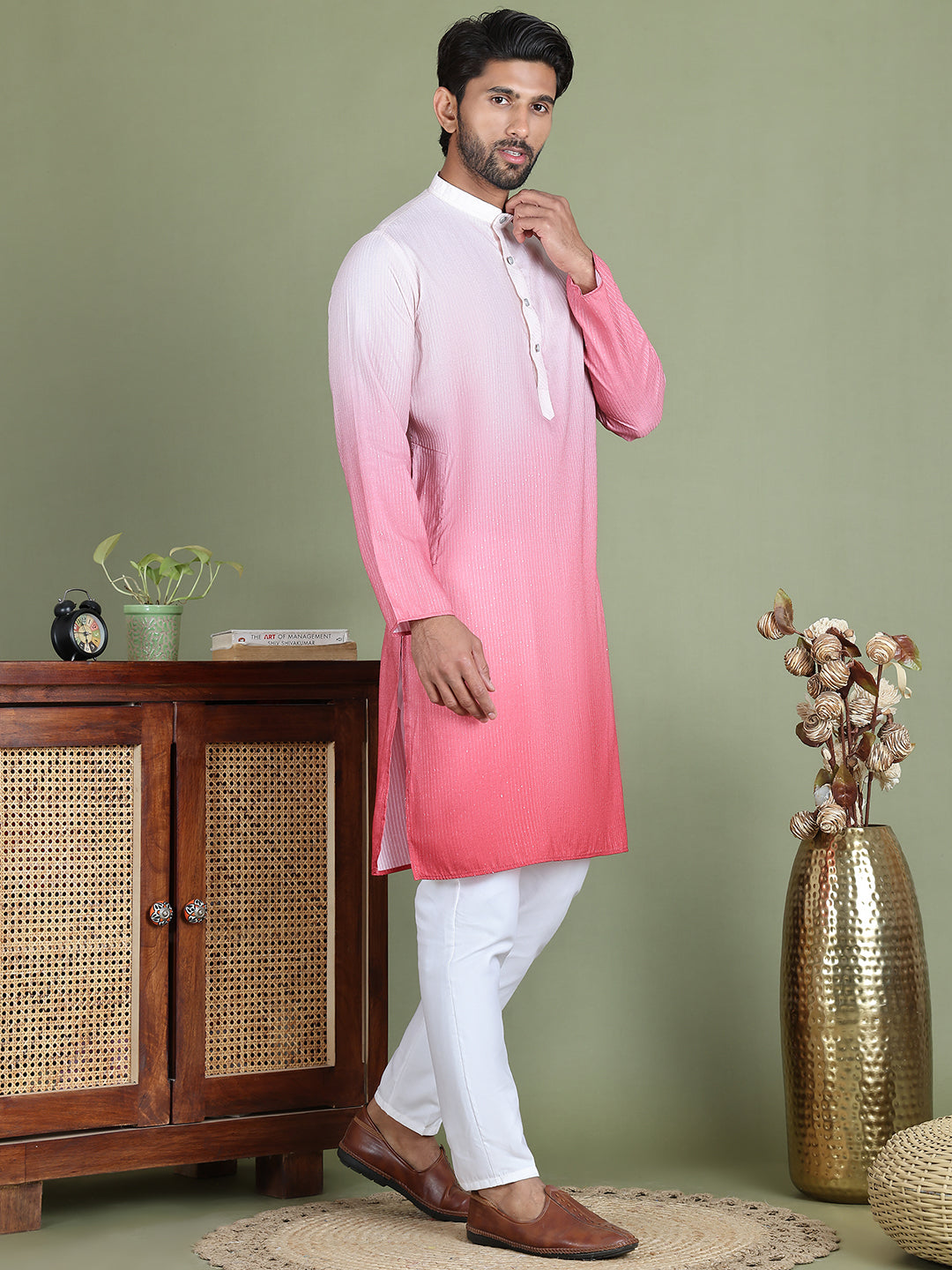 Sequins and Ombre Design Kurta Pyjama Set For Men ( JOKP 5154Coral )