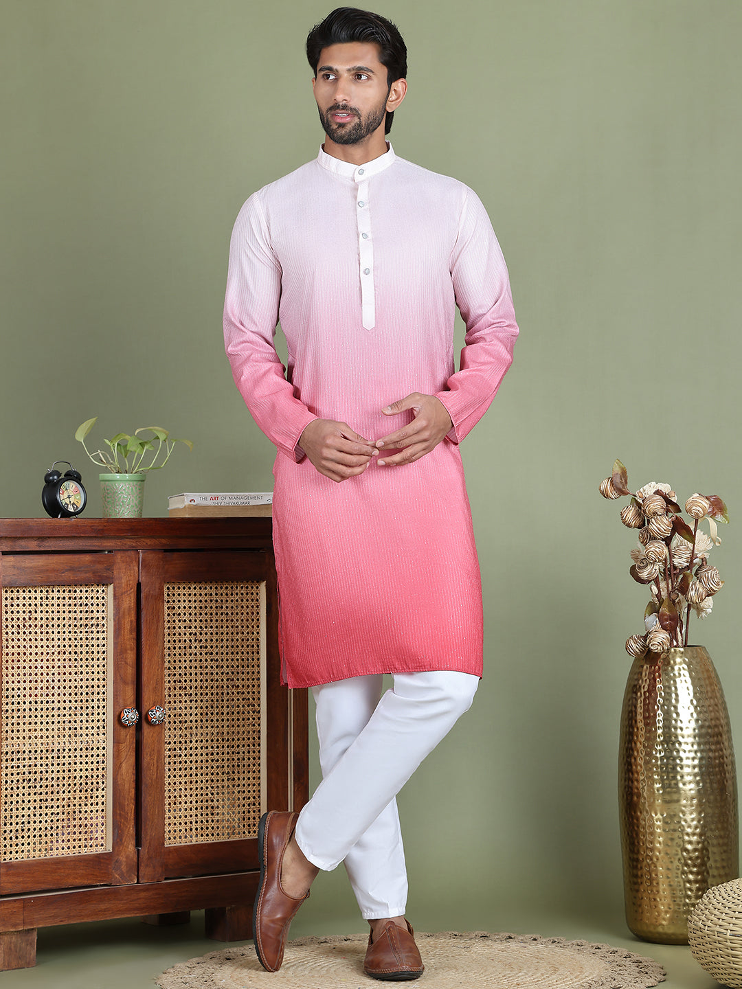 Sequins and Ombre Design Kurta Pyjama Set For Men ( JOKP 5154Coral )