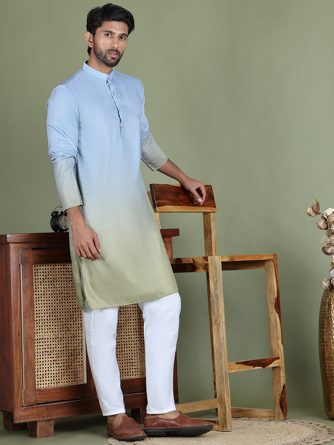 Sequins and Ombre Design Kurta Pyjama Set For Men ( JOKP 5154Firozi )