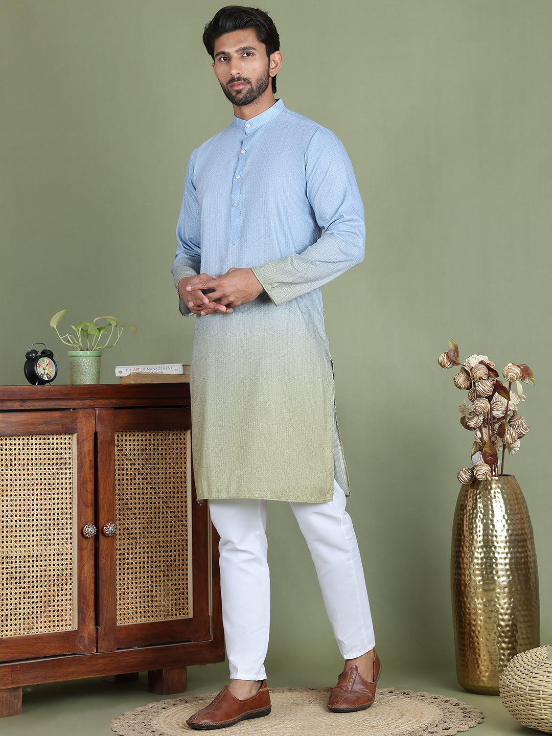 Sequins and Ombre Design Kurta Pyjama Set For Men ( JOKP 5154Firozi )