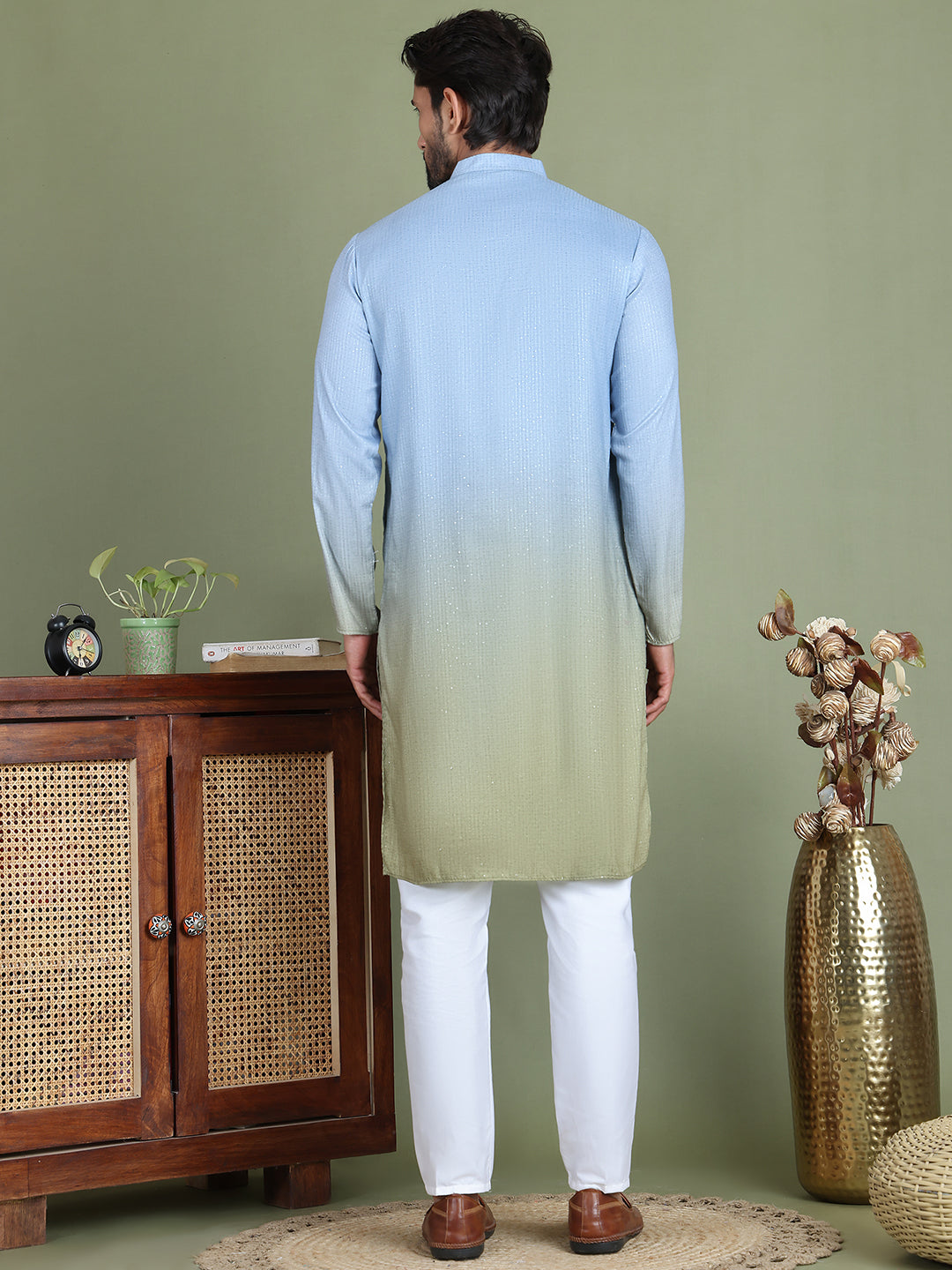 Sequins and Ombre Design Kurta Pyjama Set For Men ( JOKP 5154Firozi )