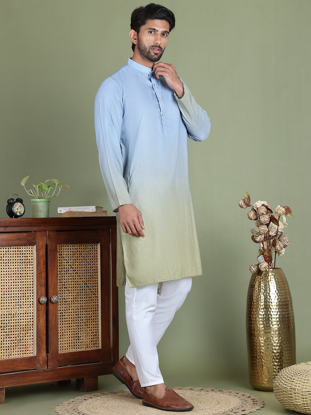Sequins and Ombre Design Kurta Pyjama Set For Men ( JOKP 5154Firozi )