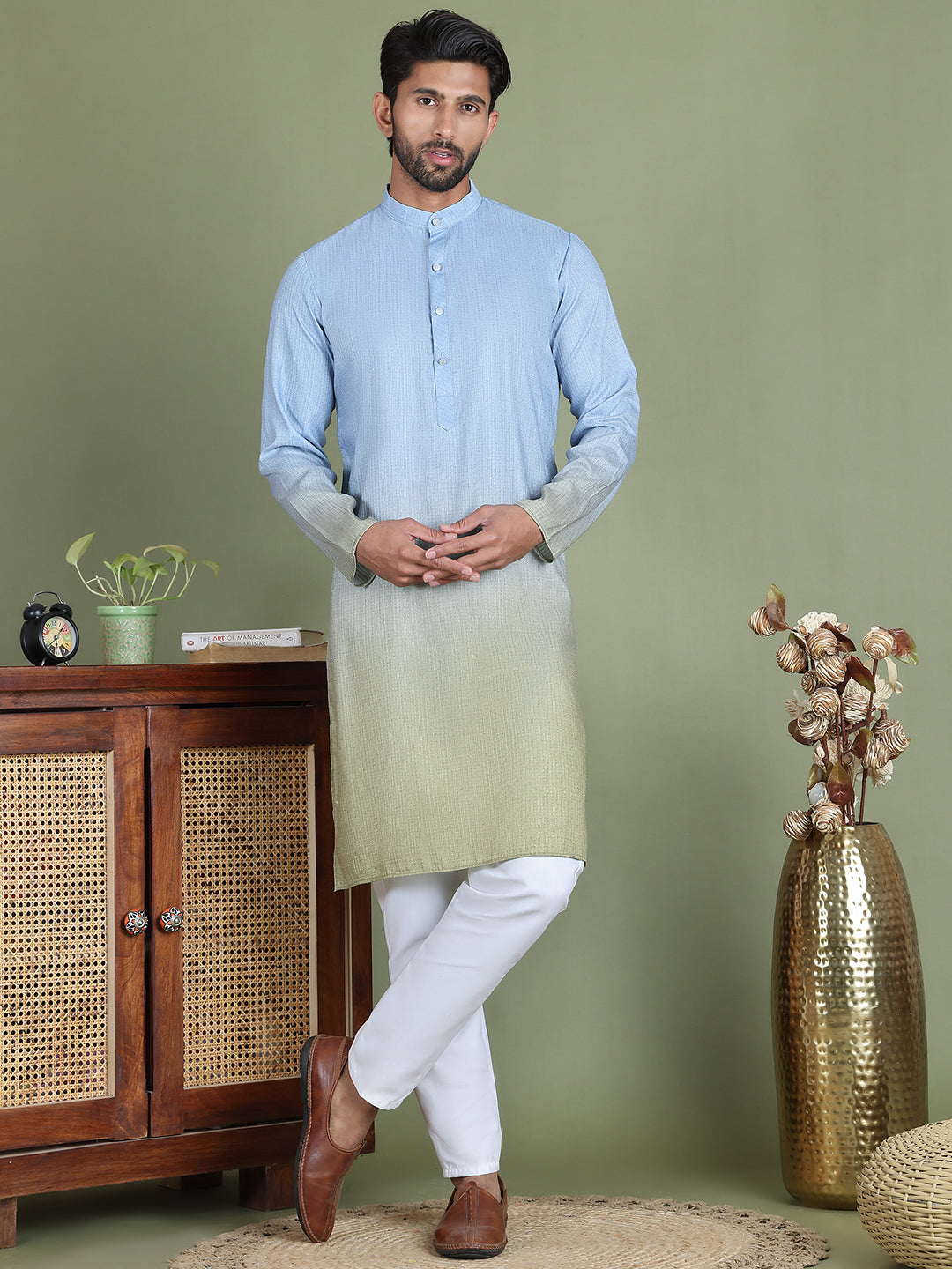 Sequins and Ombre Design Kurta Pyjama Set For Men ( JOKP 5154Firozi )