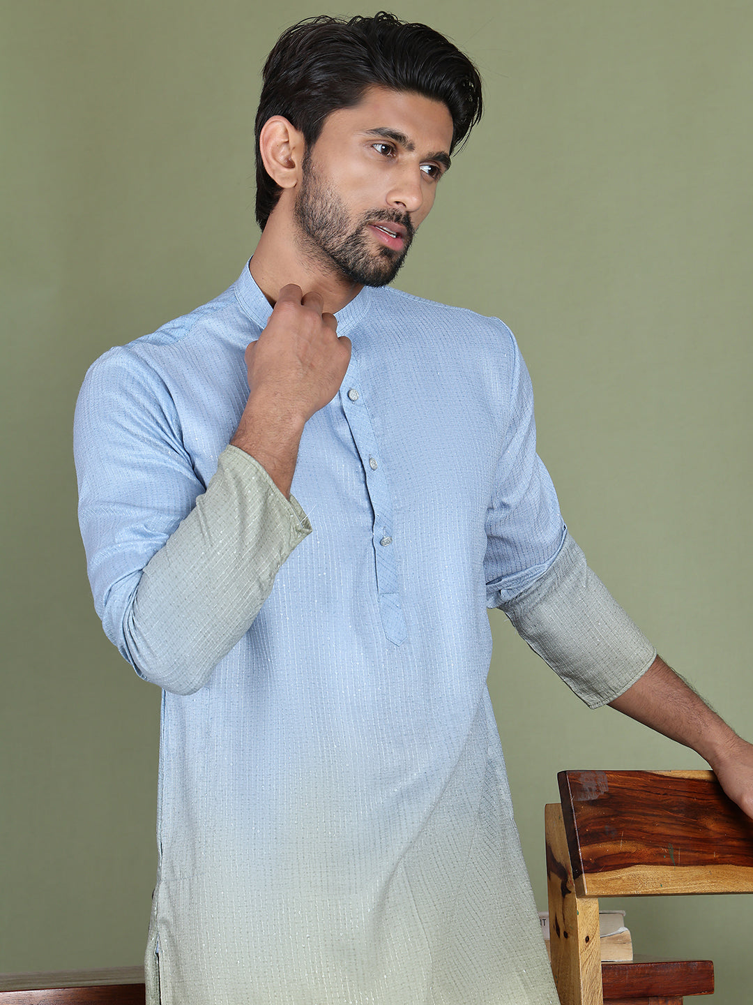 Sequins and Ombre Design Kurta Pyjama Set For Men ( JOKP 5154Firozi )