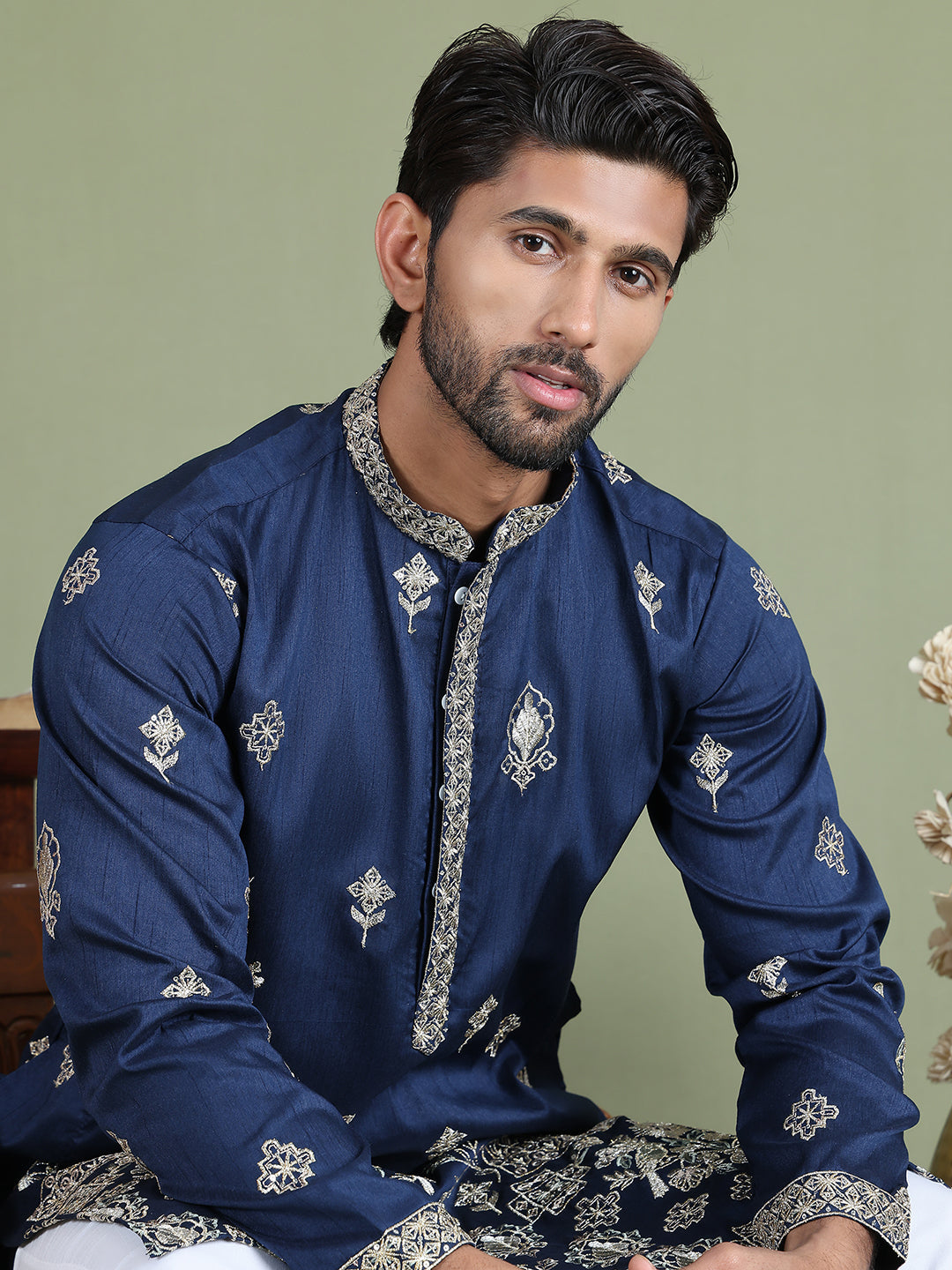 Floral Embroidered and Sequins Kurta Set ( JOKP 5155Navy )