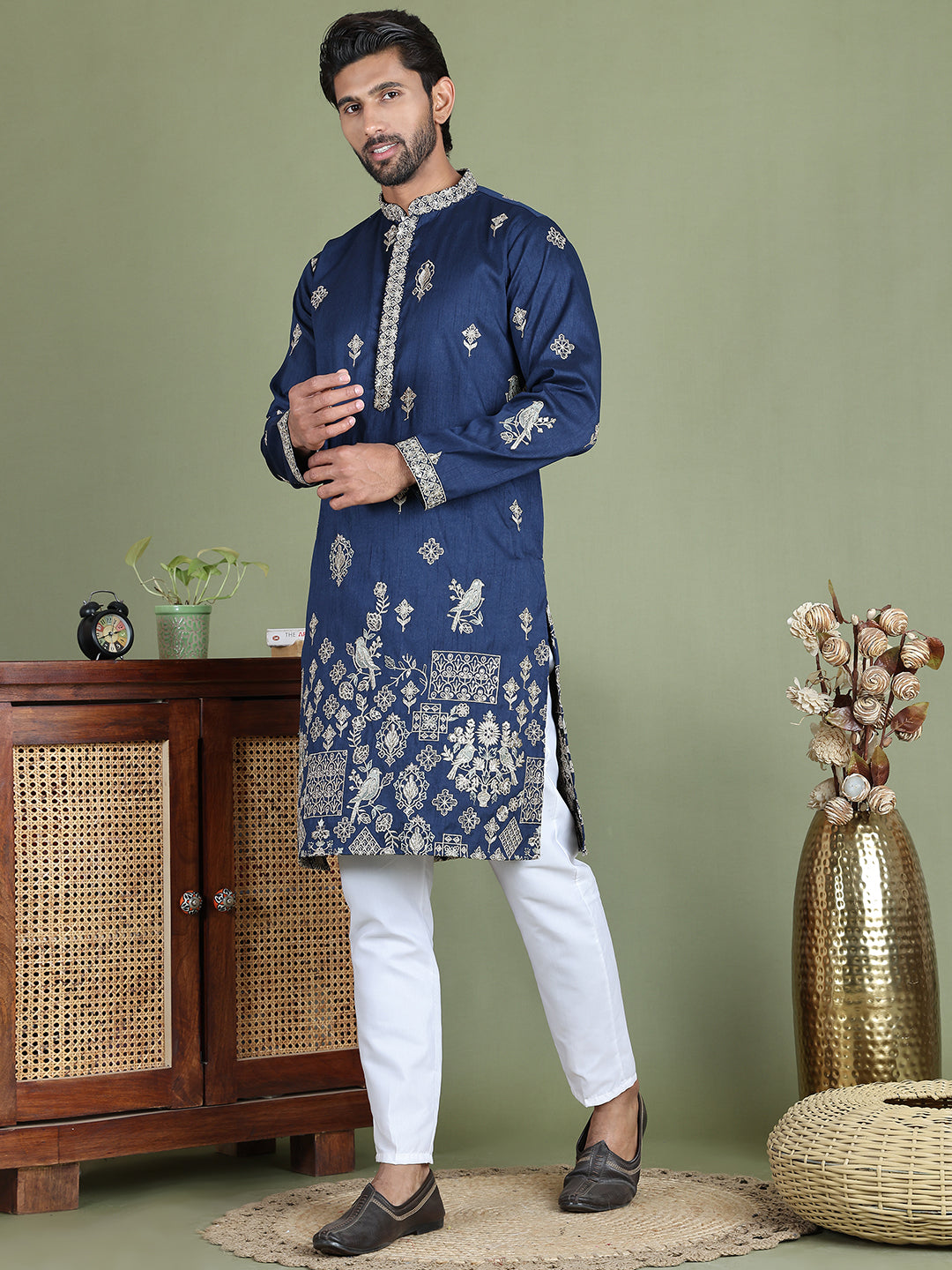 Floral Embroidered and Sequins Kurta Set ( JOKP 5155Navy )