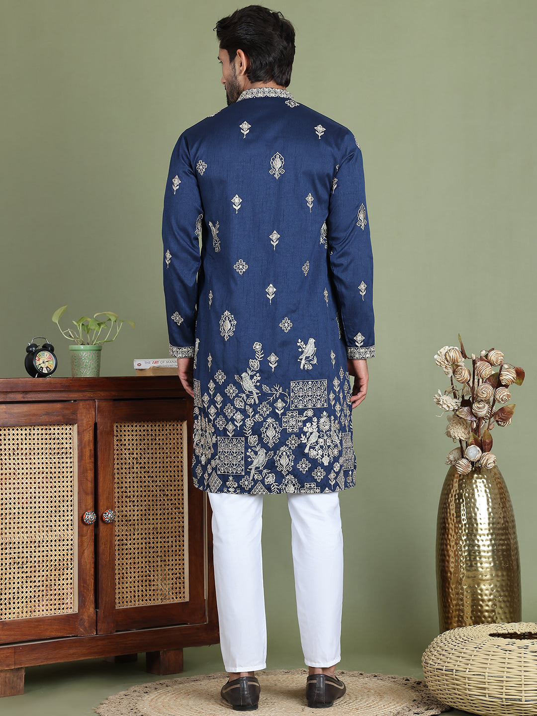 Floral Embroidered and Sequins Kurta Set ( JOKP 5155Navy )