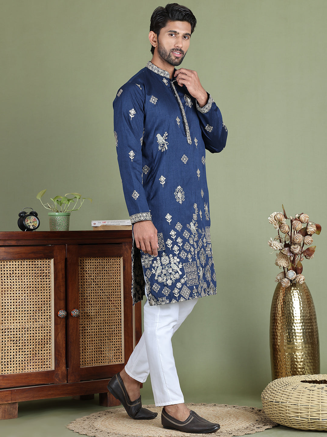 Floral Embroidered and Sequins Kurta Set ( JOKP 5155Navy )