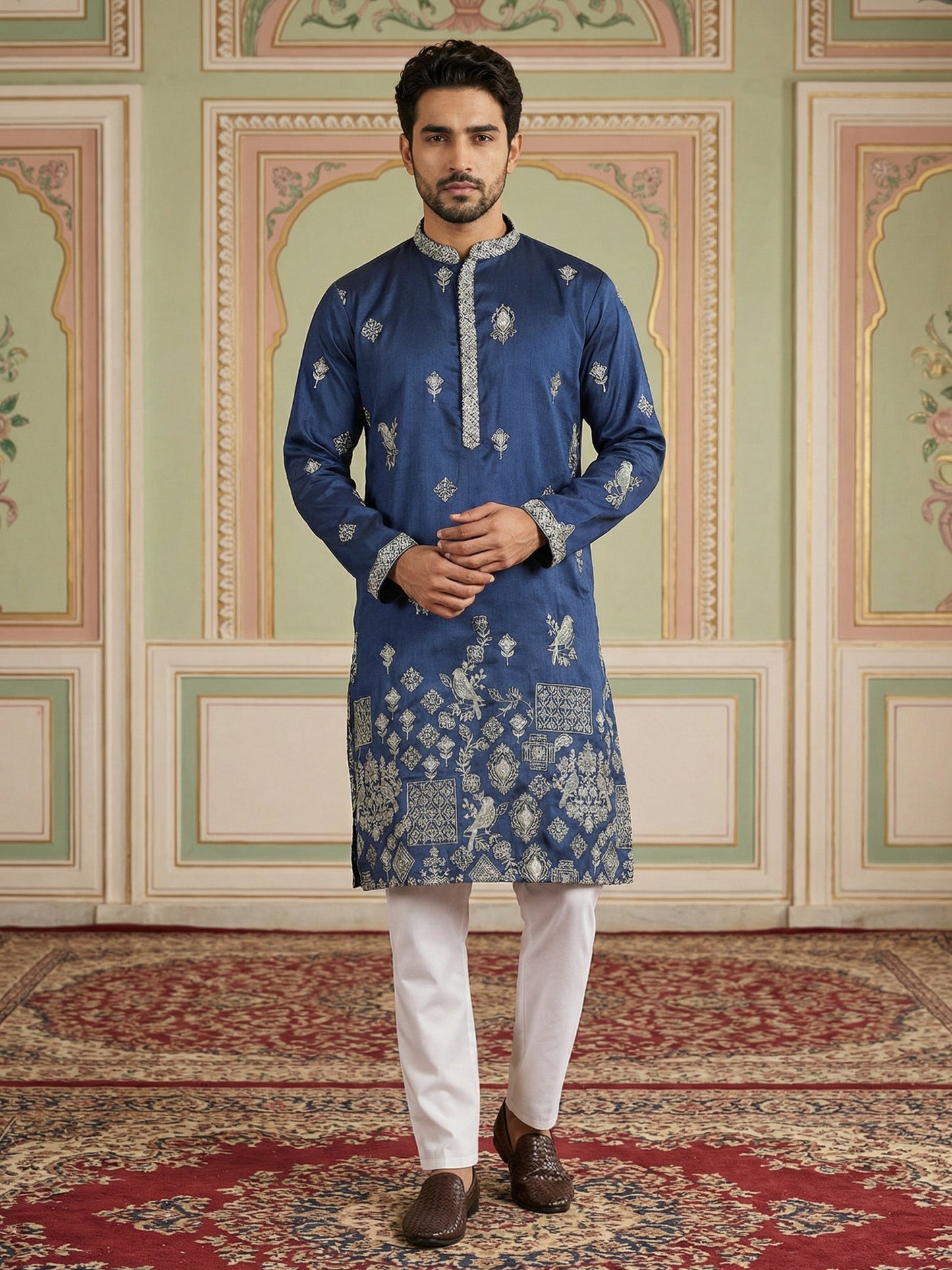 Floral Embroidered and Sequins Kurta Set ( JOKP P 5155Navy ) [FF] [P-5-6]