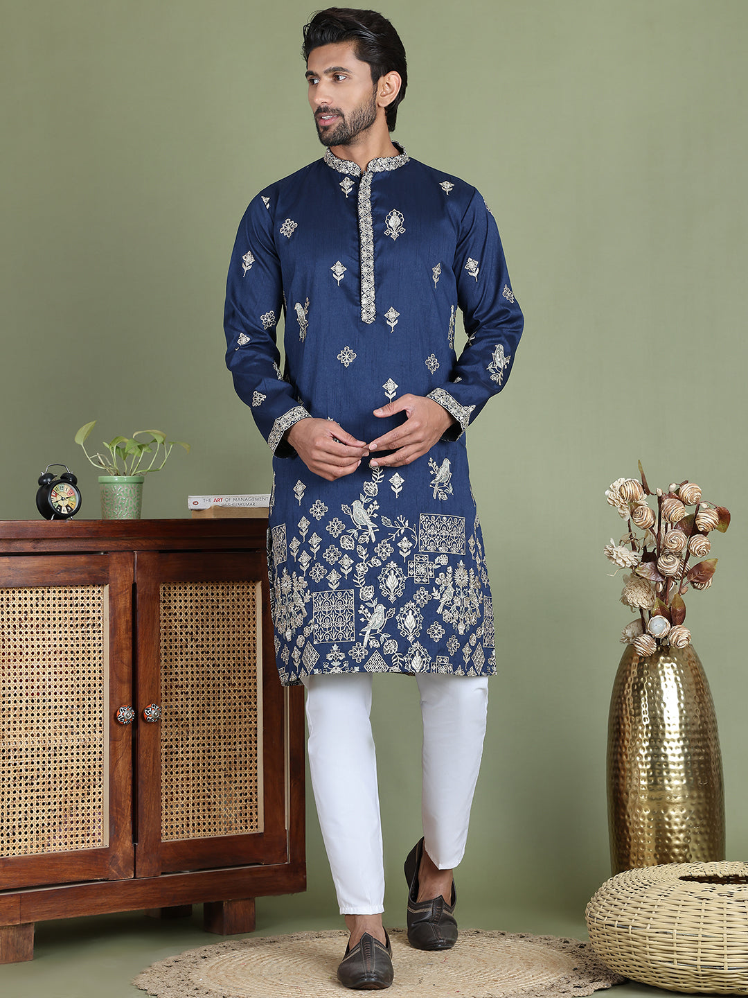 Floral Embroidered and Sequins Kurta Set ( JOKP 5155Navy )