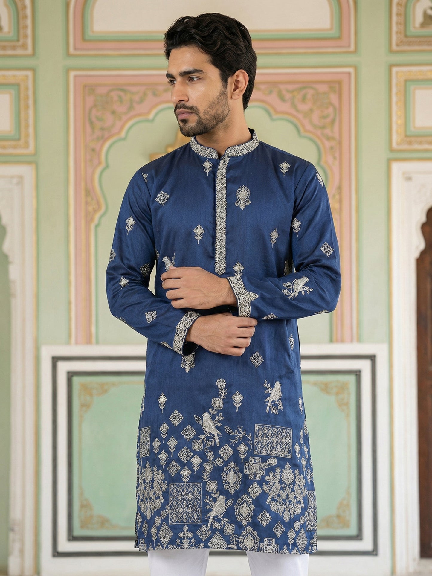 Floral Embroidered and Sequins Kurta Set ( JOKP P 5155Navy ) [FF] [P-5-6]